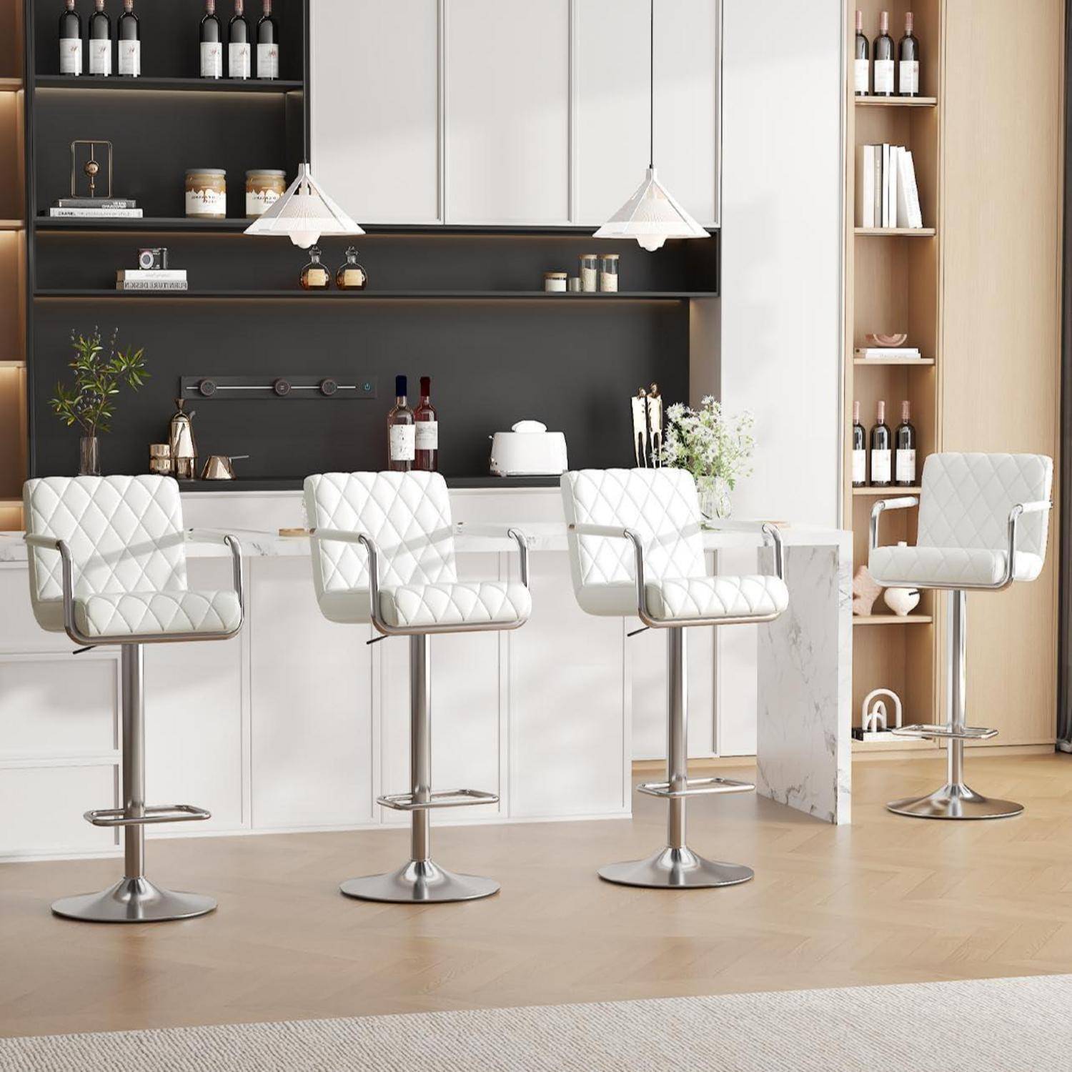 Barhocker 4er Set, Barstühle Höhenverstellbar, 360° Drehbare Küchenhocker mit Armlehnen, Rückenlehne und Fußstütze, Barstuhl aus PU-Leder für