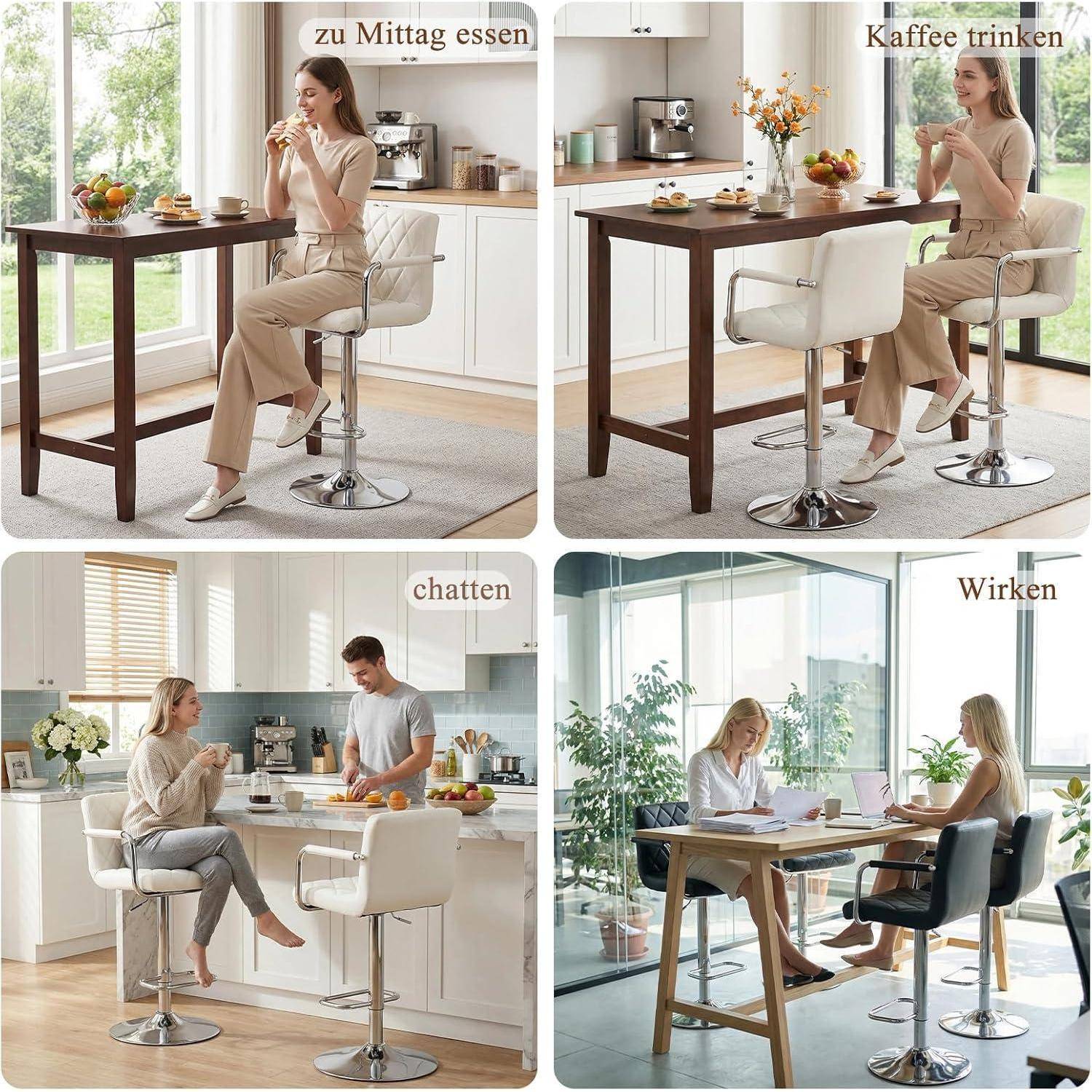 Vierpanel-Szene in Küche und Essbereich, die einen drehbaren Barhocker zeigt, der zum Mittagessen essen ('zu Mittag essen'), Kaffee trinken ('Kaffee trinken'), Chatten ('chatten') und Arbeiten ('Wirken') verwendet wird.