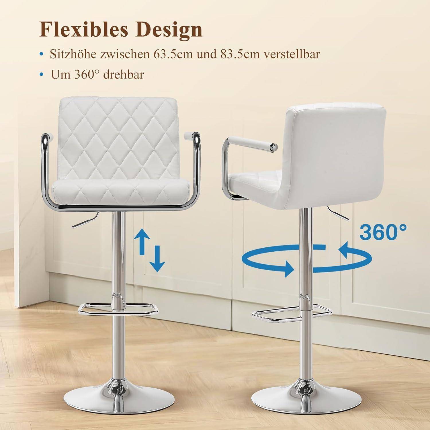 Verstellbarer weißer Barhocker gezeigt von vorne und hinten, mit Sitzhöhe verstellbar von 63,5 bis 83,5 cm und 360-Grad-Drehung.