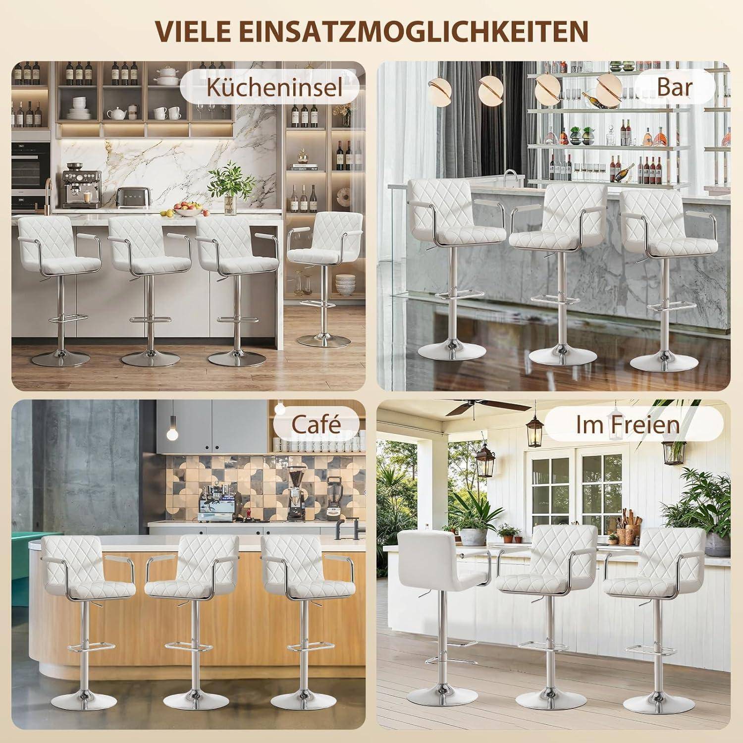Collage mit weißen Barhockern in vier Umgebungen: Kücheninsel, Bar, Café und Außenterrasse.