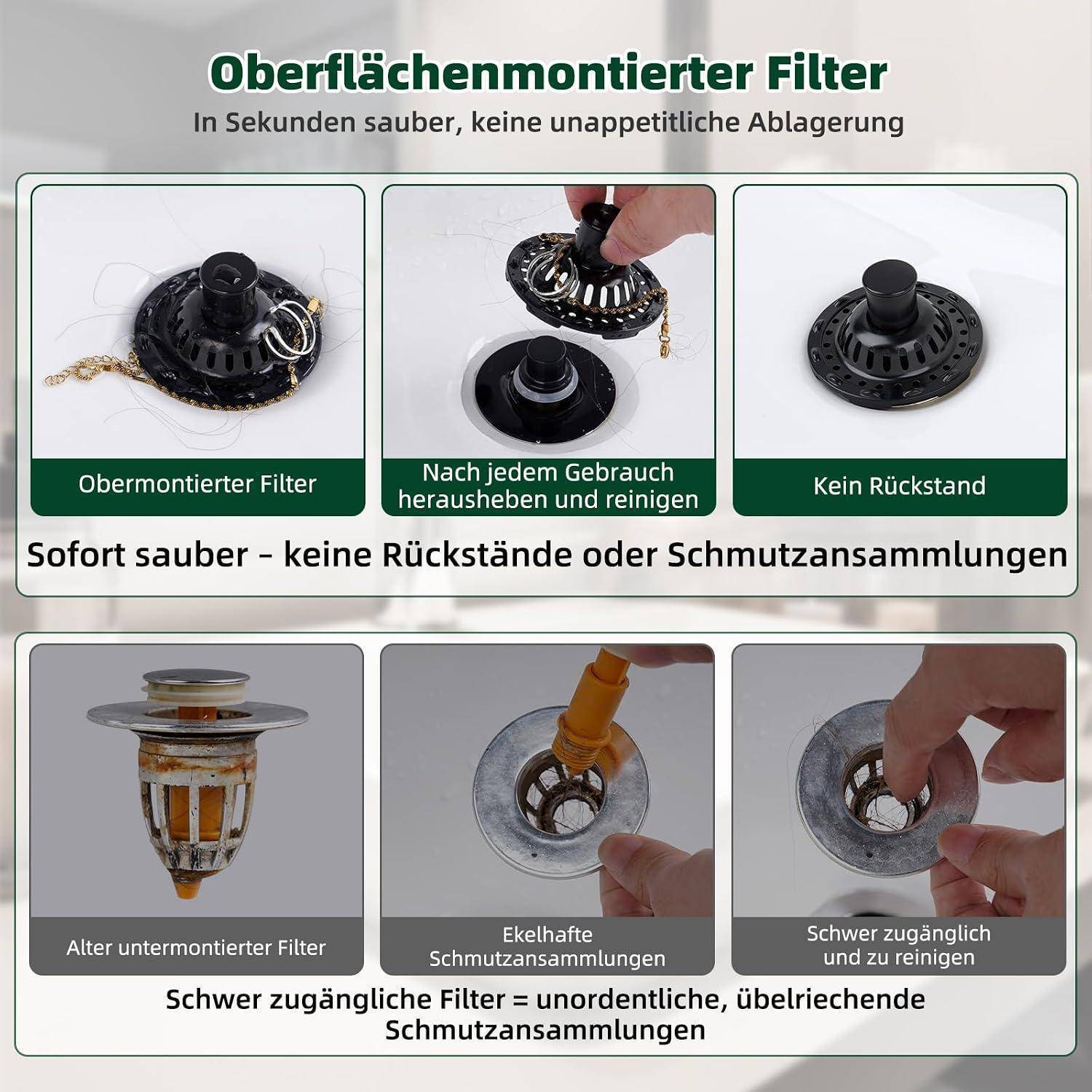 Hibbent Edelstahl 3-in-1 Waschbeckenstöpsel mit Siebkorb, Mattes Schwarz | Abflussstopfen für 30-60mm Beckenloch, Pop-Up Abflusssieb Stöpsel mit ab