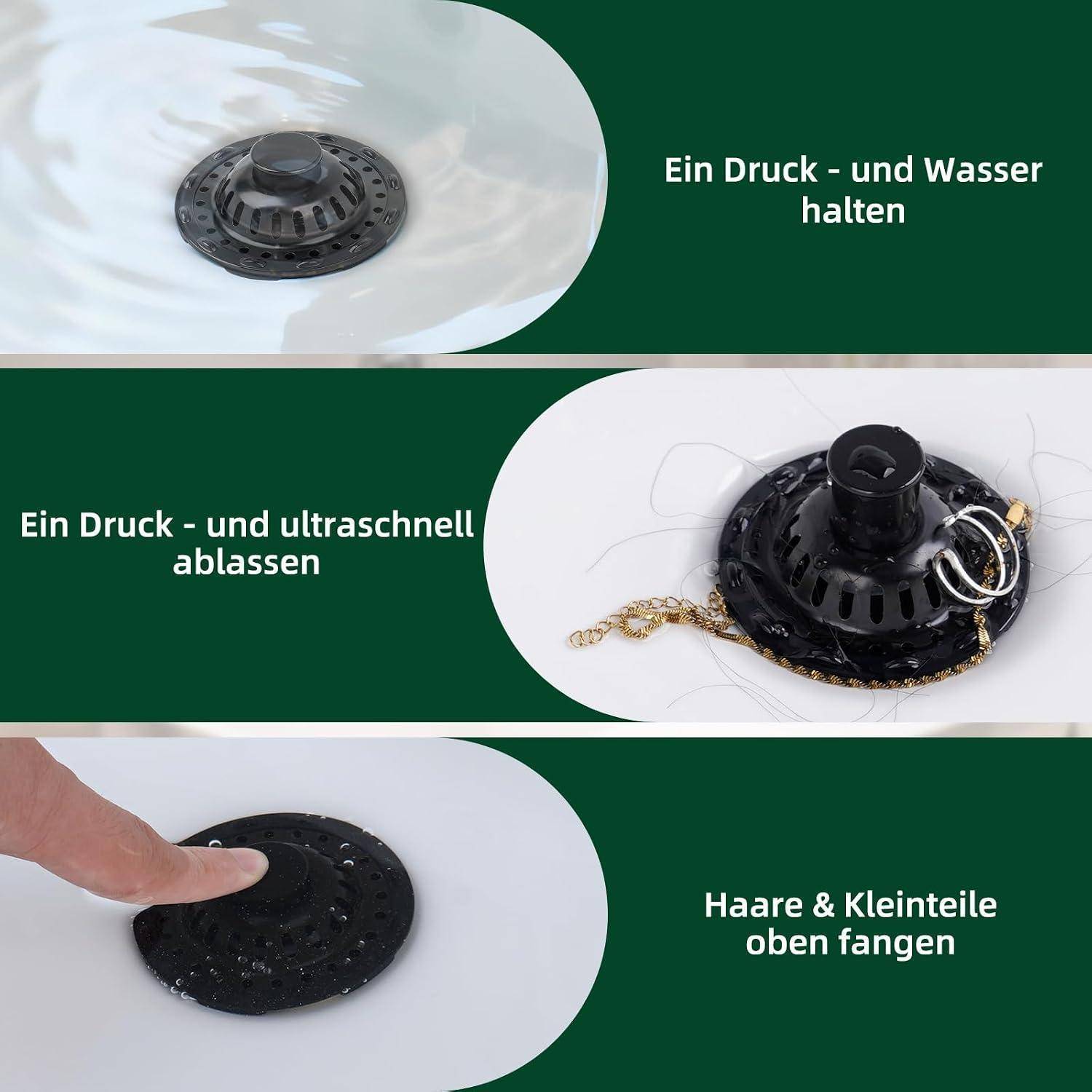 Dreipanel-Grafik der Abdeckung zeigt Vorteile: behält Druck und Wasser, entwässert schnell und fängt Haare und kleine Teile.