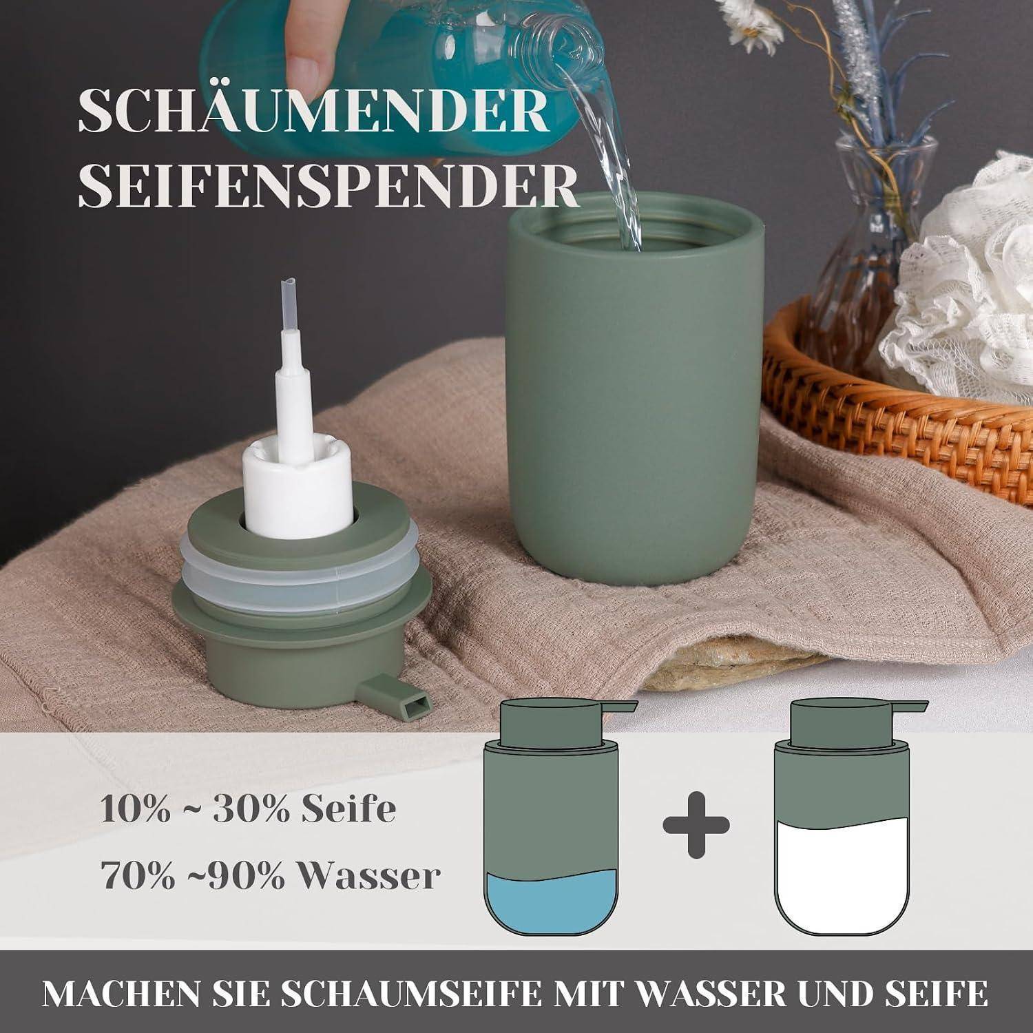 Anleitung für einen Schaumseifenspender, mit einem Spenderbehälter und dem Text „10% ~ 30% Seife" und „70% ~ 90% Wasser"" sowie einer Illustration einer Seife-und-Wasser-Mischung.