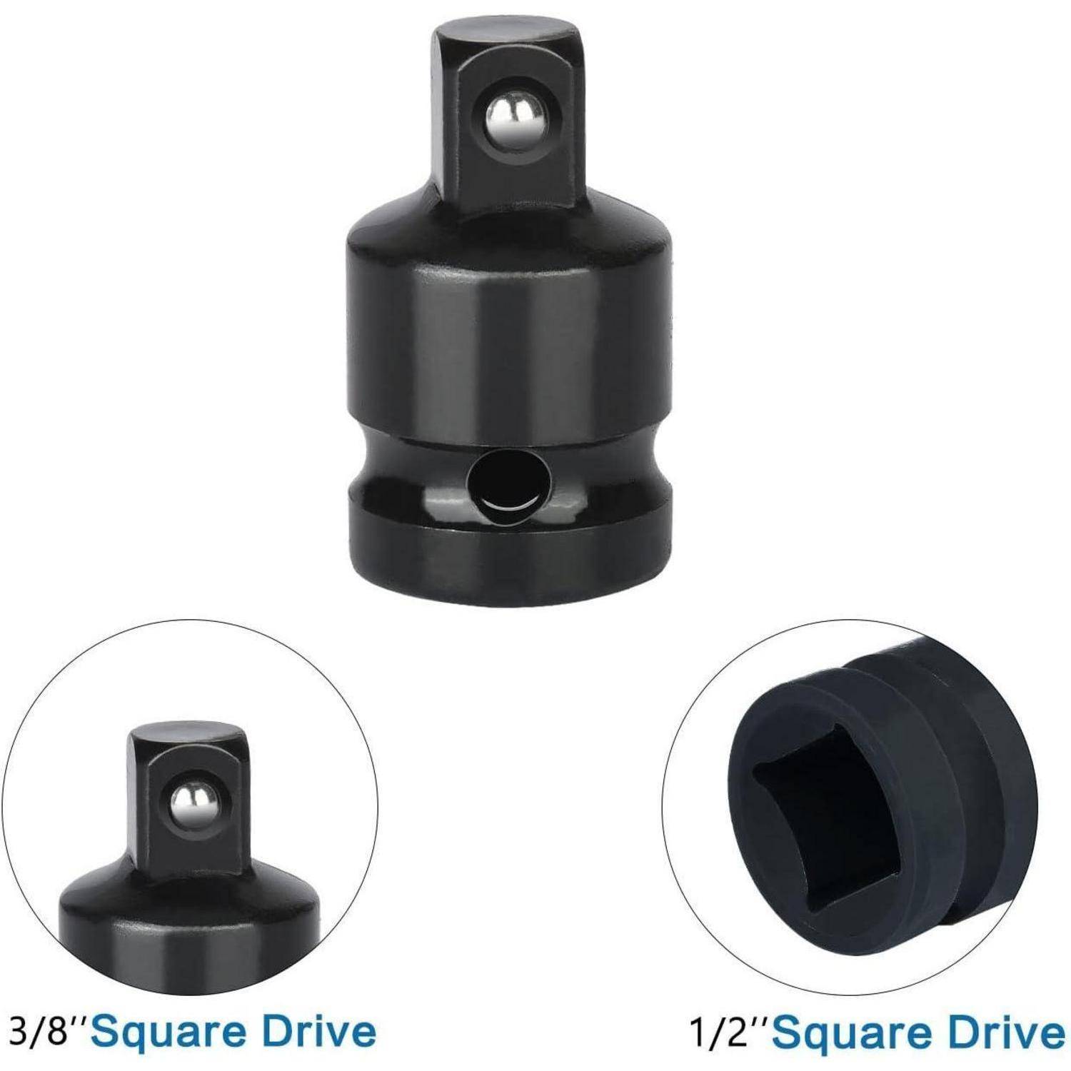 Schwarzer Steckeradapter mit 3/8-Zoll-Vierkantantrieb und 1/2-Zoll-Vierkantantrieb, dargestellt in Vorder- und Detailansichten.