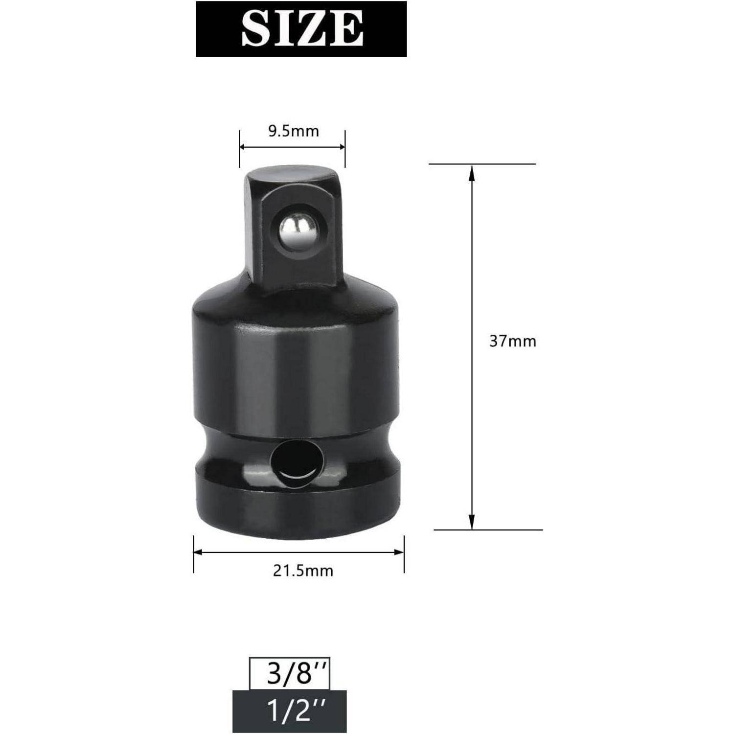 Größentabelle eines schwarzen Steckeradapters mit einer Höhe von 37 mm, einer Breite von 21,5 mm, einer oberen Breite von 9,5 mm und einer Anschlußgröße von 3/8' bis 1/2'.