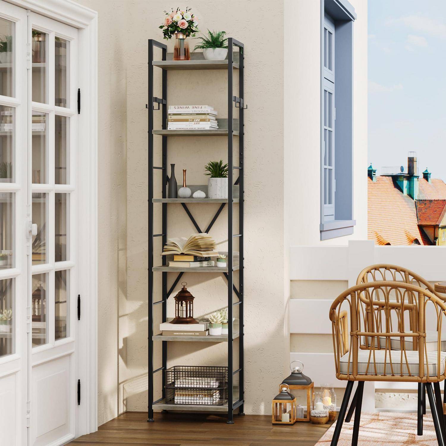 YITAHOME Bücherregal mit 6 Ebenen, bodenstehendes Standregal mit 4 Haken, Holzregal und Metallrahmen, Bücherregale, industrielles Hochregal zur Aufb