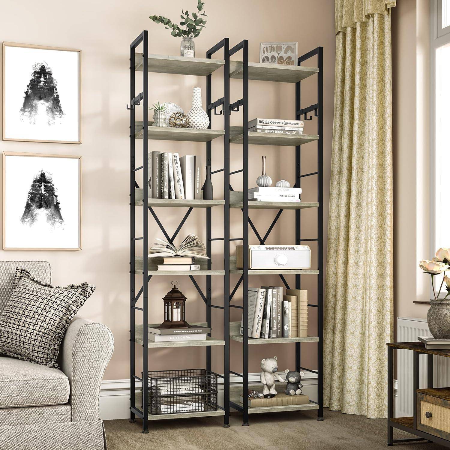 YITAHOME Bücherregal mit 6 Ebenen, bodenstehendes Standregal mit 4 Haken, Holzregal und Metallrahmen, Bücherregale, industrielles Hochregal zur Aufb