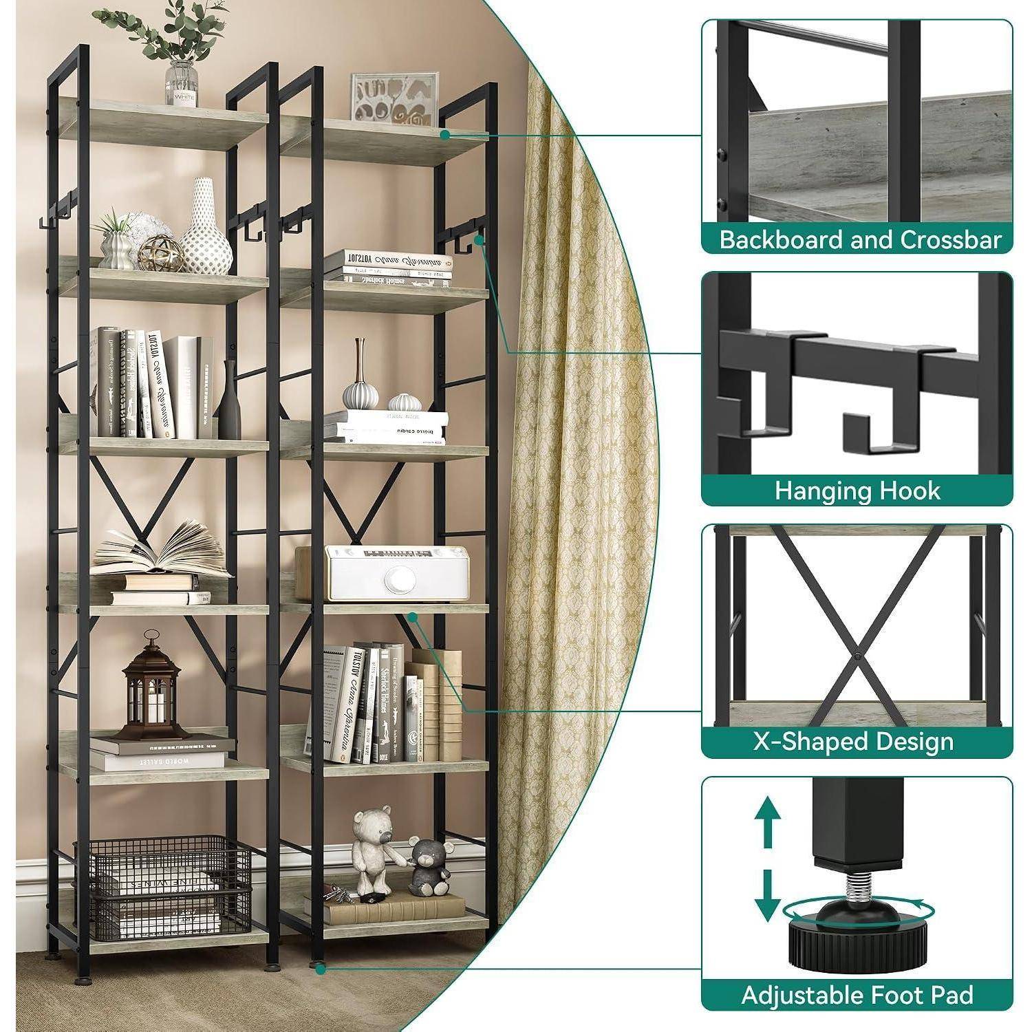 YITAHOME Bücherregal mit 6 Ebenen, bodenstehendes Standregal mit 4 Haken, Holzregal und Metallrahmen, Bücherregale, industrielles Hochregal zur Aufb