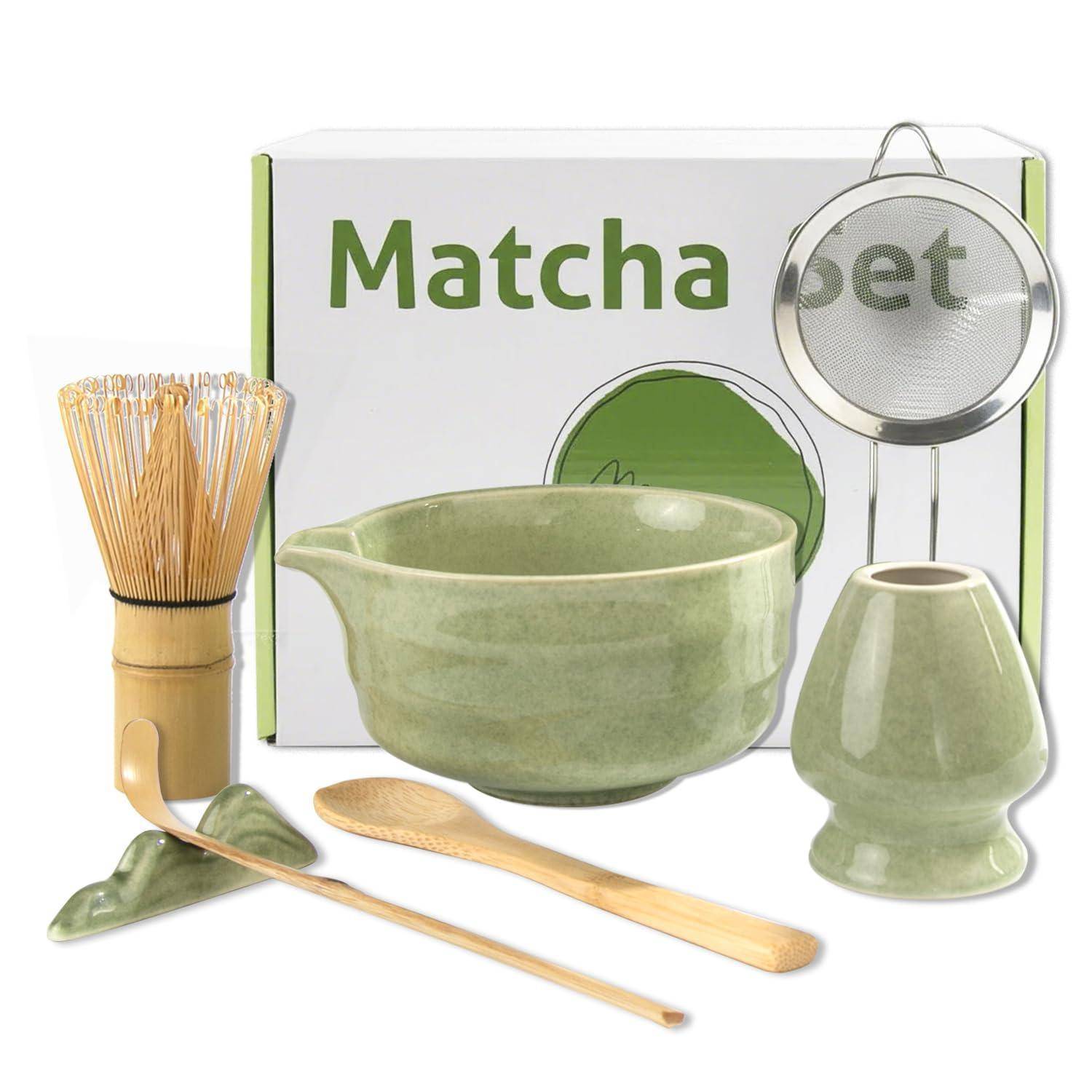 Matcha Set Grün 7-teilig, Bambus Schneebesen, Schale mit Ausgießer | Japanisches Matcha Zubehör, mit Besenhalter, Sieb & Löffelhalter, traditionel