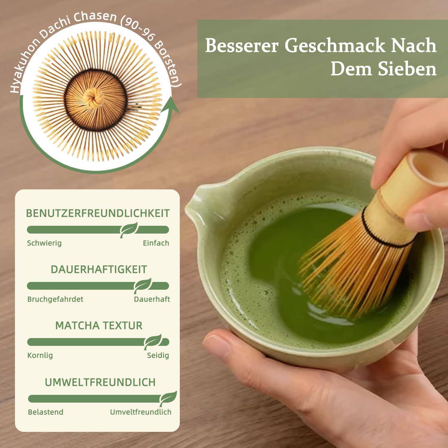 Matcha Set Grün 7-teilig, Bambus Schneebesen, Schale mit Ausgießer | Japanisches Matcha Zubehör, mit Besenhalter, Sieb & Löffelhalter, traditionel