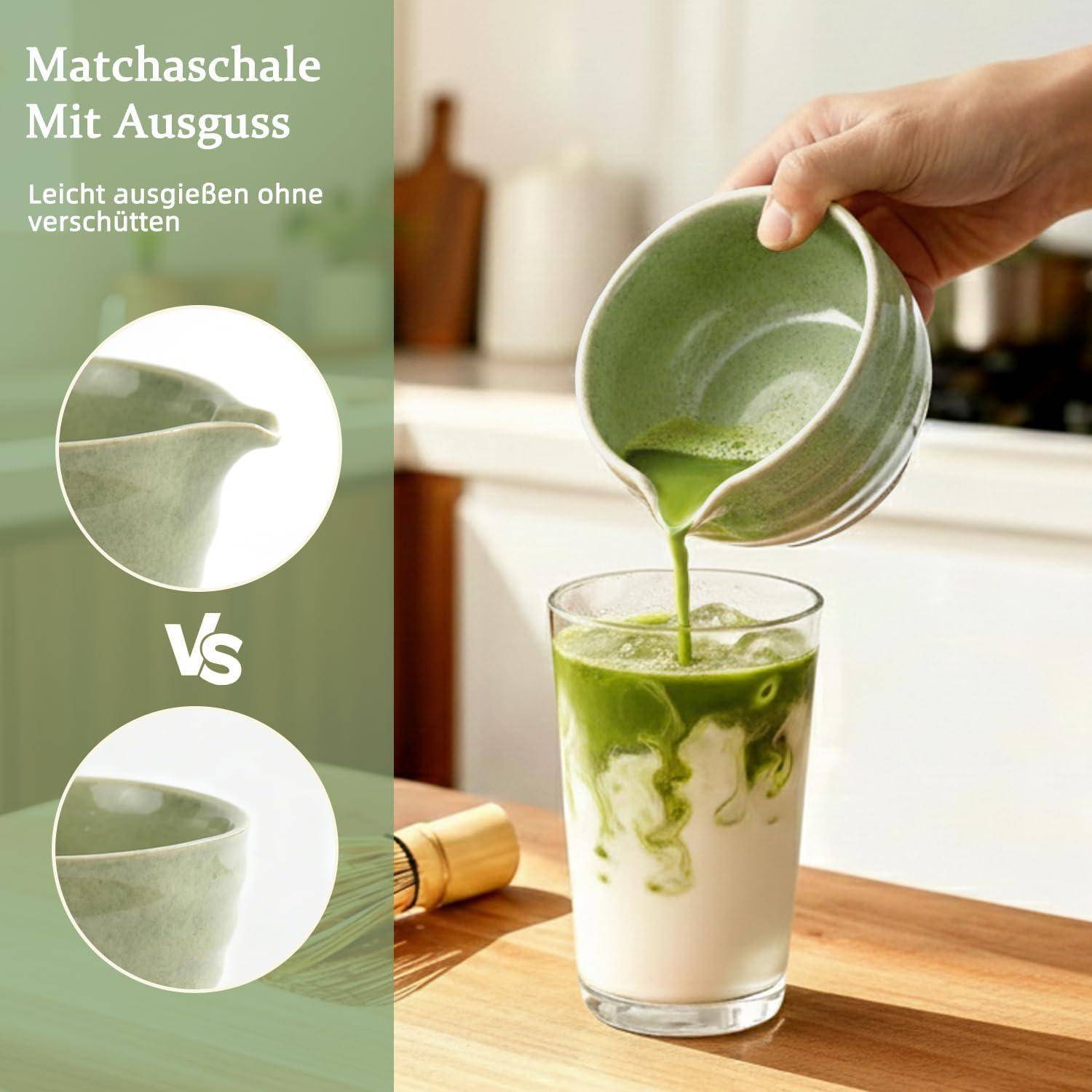 Matcha Set Grün 7-teilig, Bambus Schneebesen, Schale mit Ausgießer | Japanisches Matcha Zubehör, mit Besenhalter, Sieb & Löffelhalter, traditionel