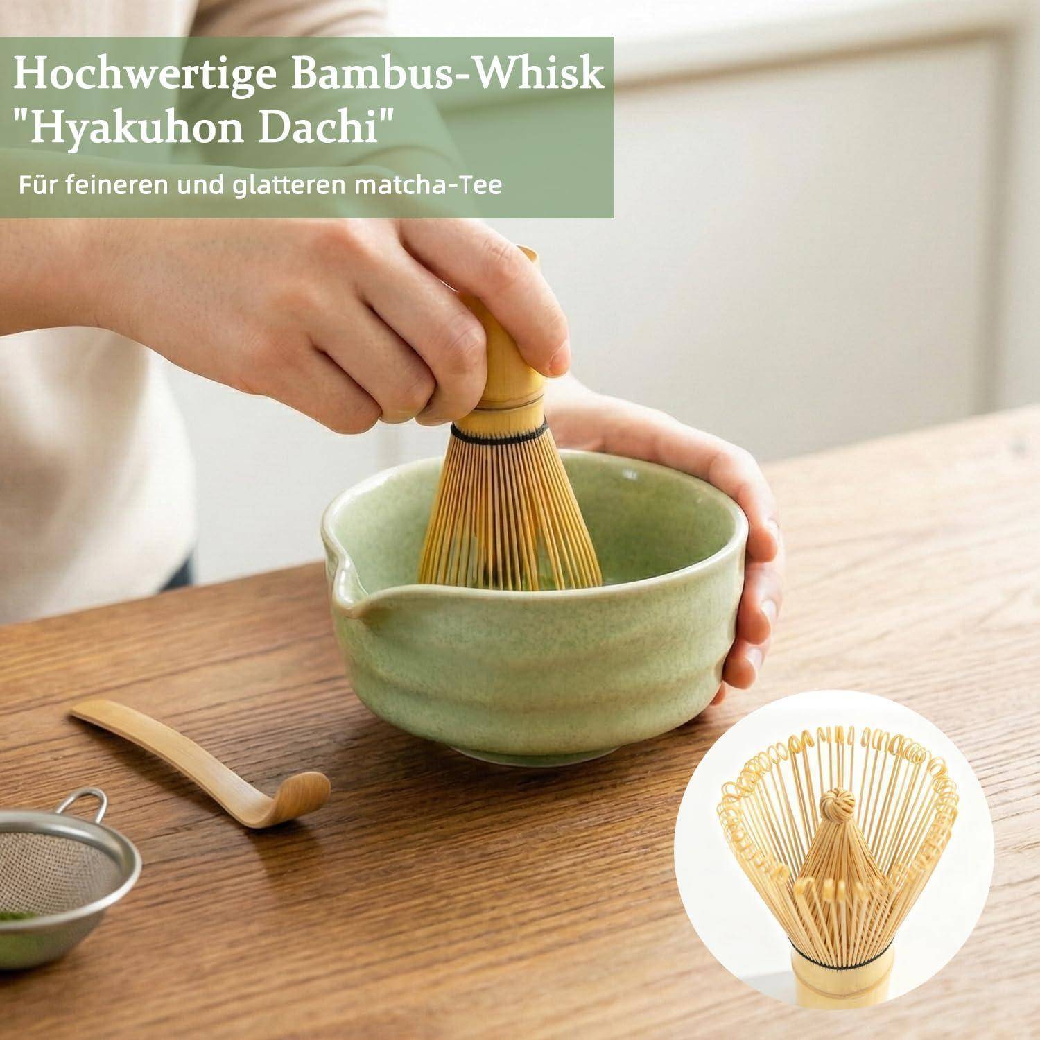 Matcha Set Grün 7-teilig, Bambus Schneebesen, Schale mit Ausgießer | Japanisches Matcha Zubehör, mit Besenhalter, Sieb & Löffelhalter, traditionel
