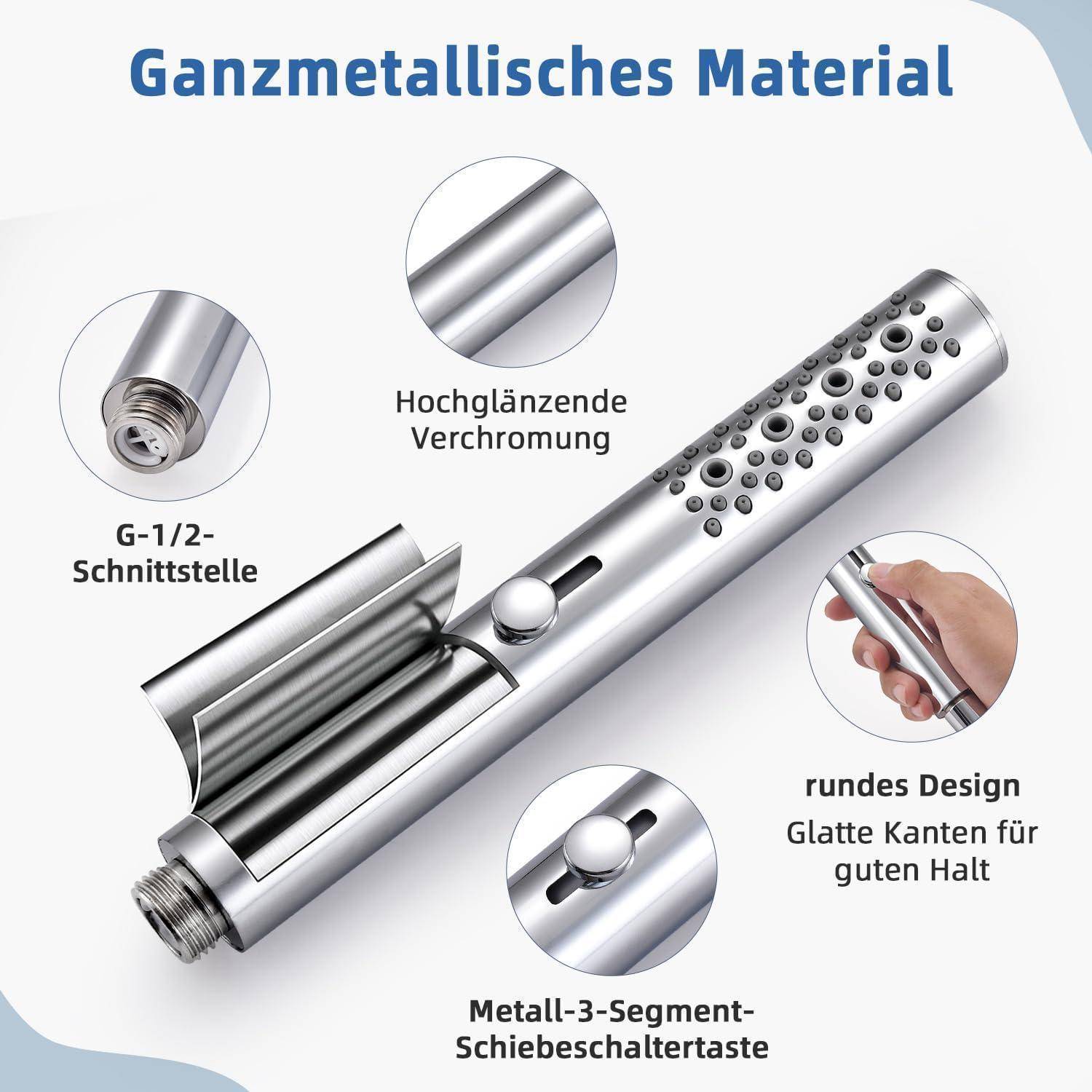 Illustration eines verchromten Metallhandgeräts mit G-1/2-Anschluss, rundes Design, glatte Kanten und 3-Segment-Schiebeschalter, beschriftet in Deutsch.