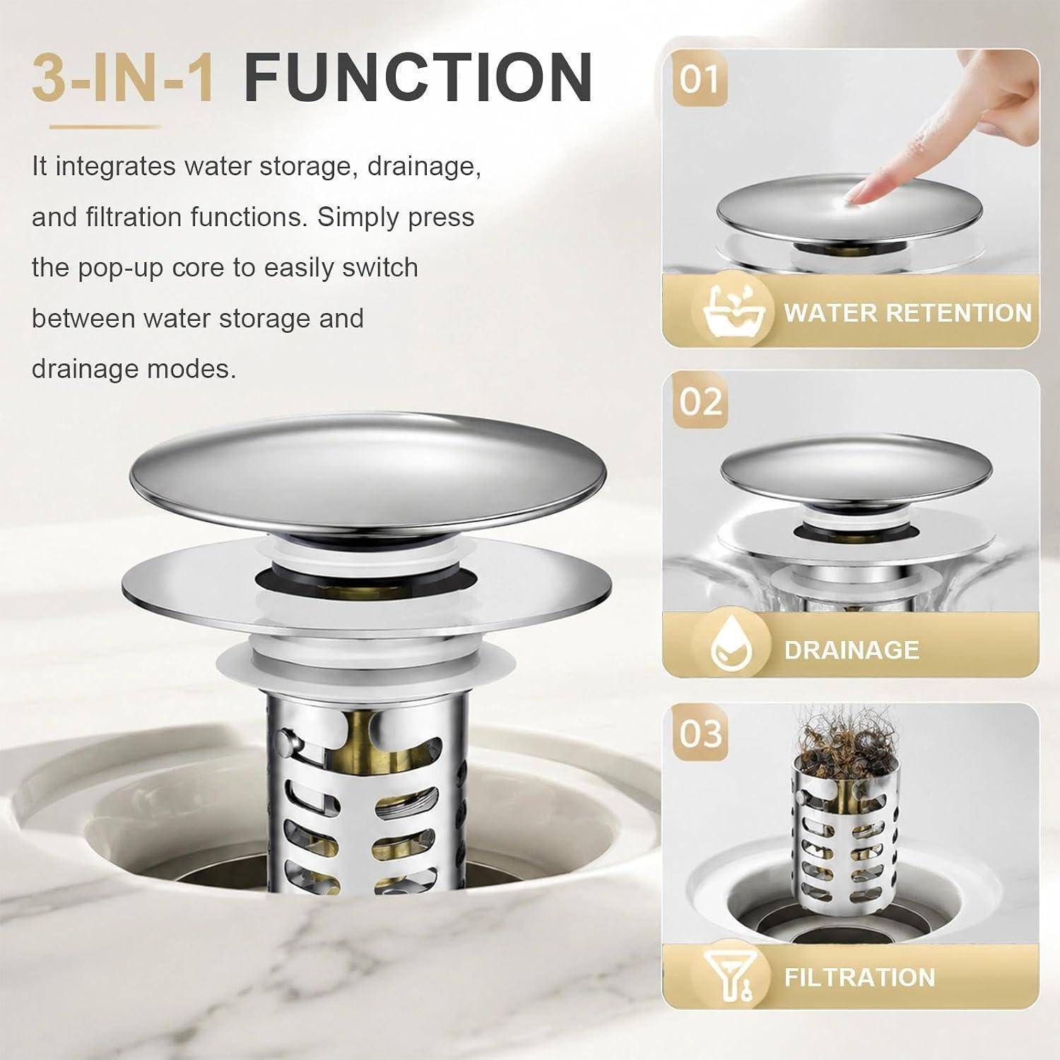 Infografik zeigt einen 3-in-1-Waschbeckenabfluss-Stopfen mit Wasserspeicherungs-, Ableitungs- und Filtrationsmodi, umgeschaltet durch Drücken des Pop-up-Kerns.