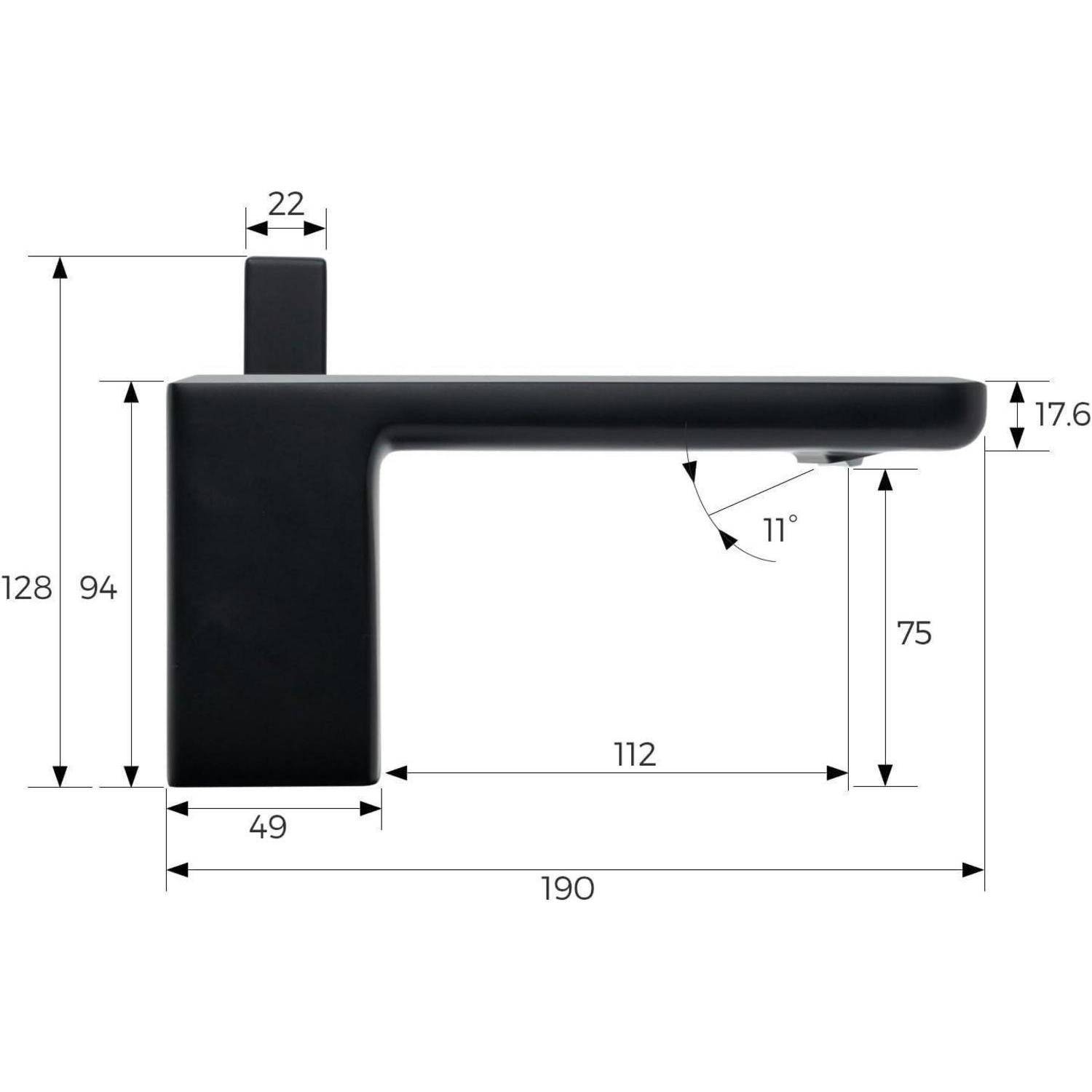 Technische Maßstabzeichnung eines schwarzen L-förmigen Griffs mit den Abmessungen 190, 128, 94, 112, 75, 49, 22, 17,6 und einem Winkel von 11°.