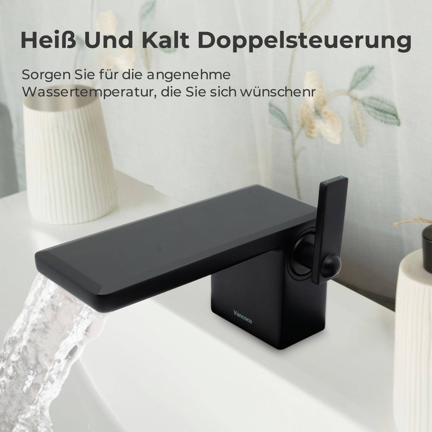Schwarzer wandmontierter Wasserhahn mit Einhebelgriff, beschriftet mit 