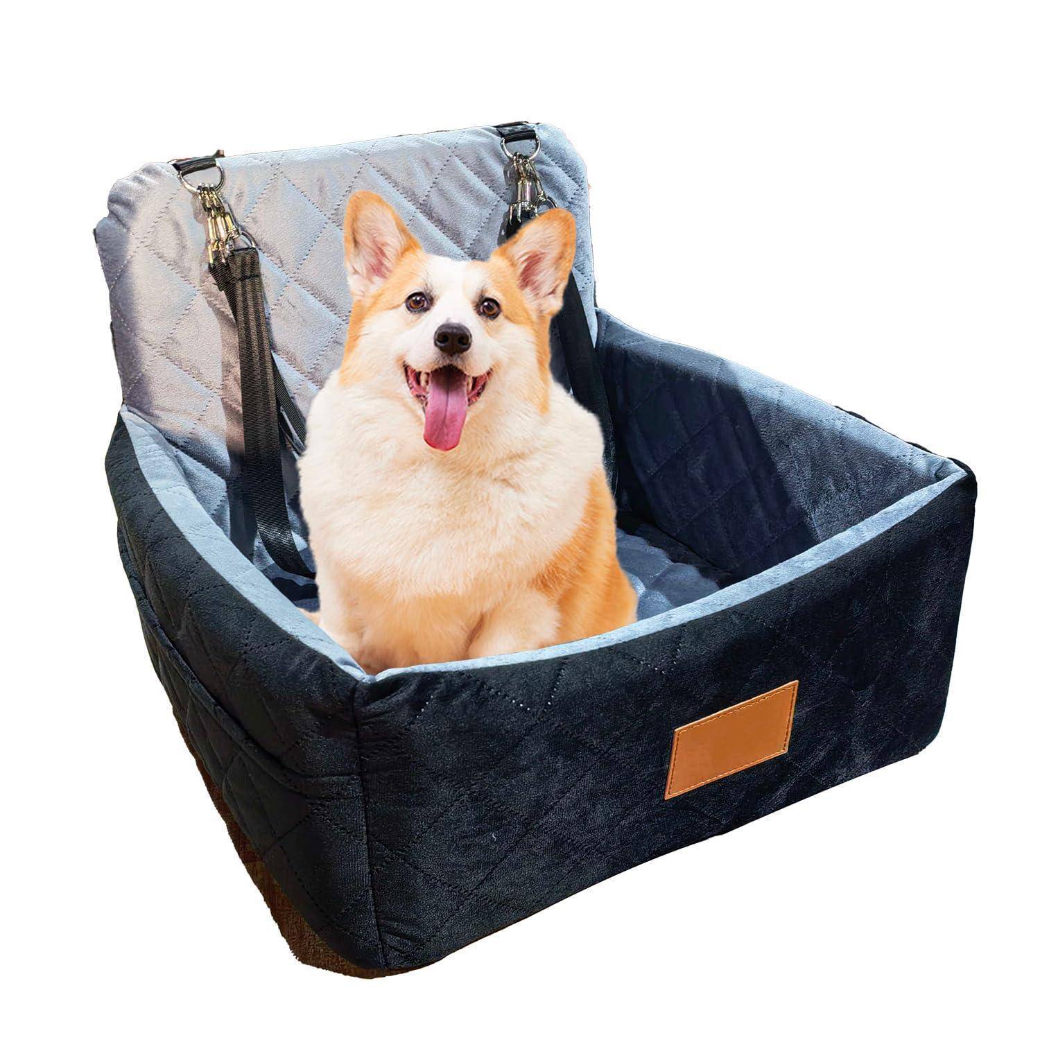 Ein Corgi sitzt in einem schwarzen gesteppten Haustier-Autositz mit Sicherheitsgurten, gezeigt vor weißem Hintergrund.