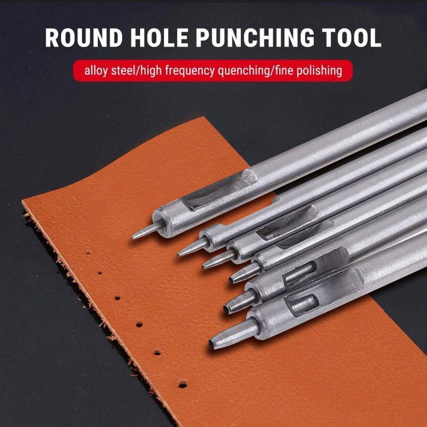 Satz mit Lochlochstanzwerkzeugen, der mehrere Metallstanzspitzen über orangefarbenem Leder zeigt, wird zum Erstellen von gleichmäßig verteilten Löchern verwendet.
