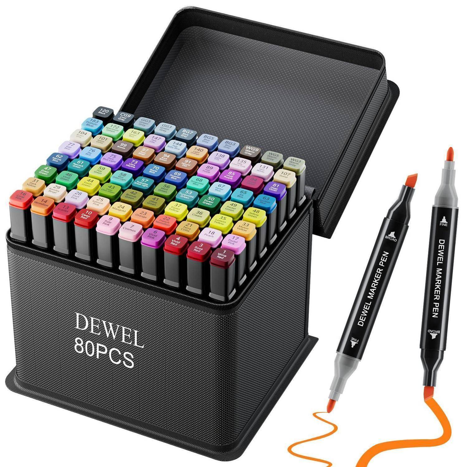 Set aus 80 DEWEL Dual-Tip-Kunstmarkern in einem schwarzen Transportkoffer, mit zwei Beispielmarkern und orangefarbenen Tintenstrichen daneben.