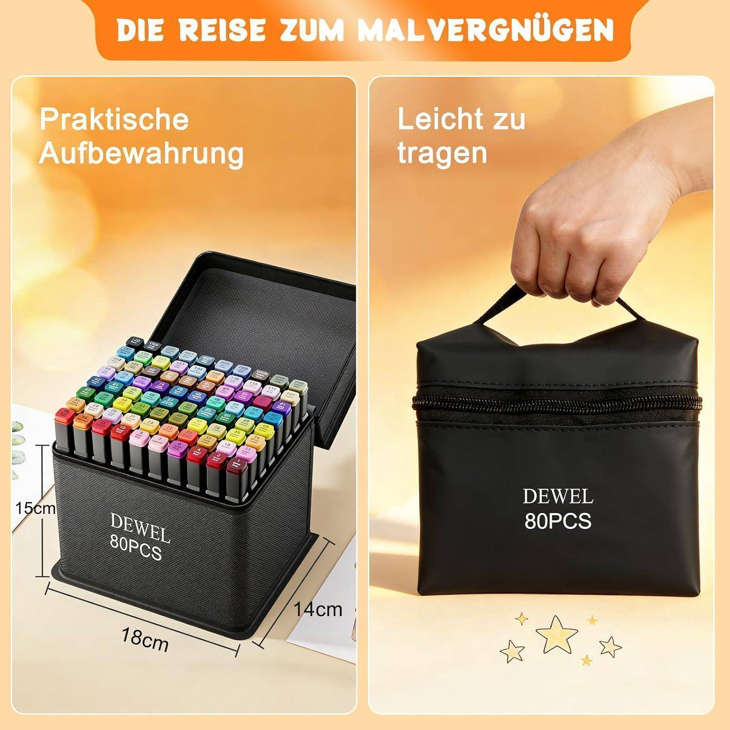 Werbung für einen Satz von 80 farbigen Markern in einem schwarzen Etui mit Reißverschluss, mit den Beschriftungen „Praktische Aufbewahrung" und „Leicht zu tragen"" sowie Größenangaben von 18 cm, 14 cm und 15 cm.