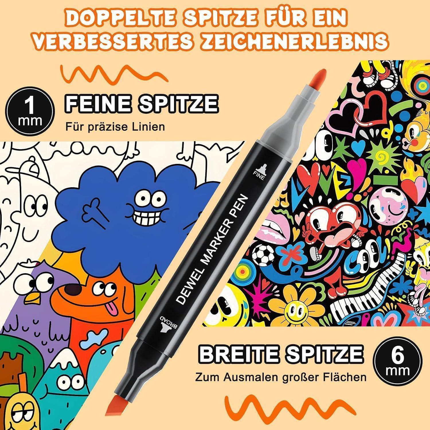 Deutscher Marker-Stift mit Doppelspitze: 1 mm Feinspitze für präzise Linien und 6 mm breite Spitze zum Ausmalen großer Flächen.