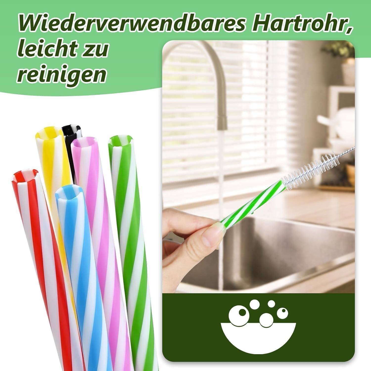 Werbebild von wiederverwendbaren gestreiften Trinkhalmen, die unter einem Küchenhahn gereinigt werden, mit deutschem Text „Wiederverwendbares Hartrohr, leicht zu reinigen".