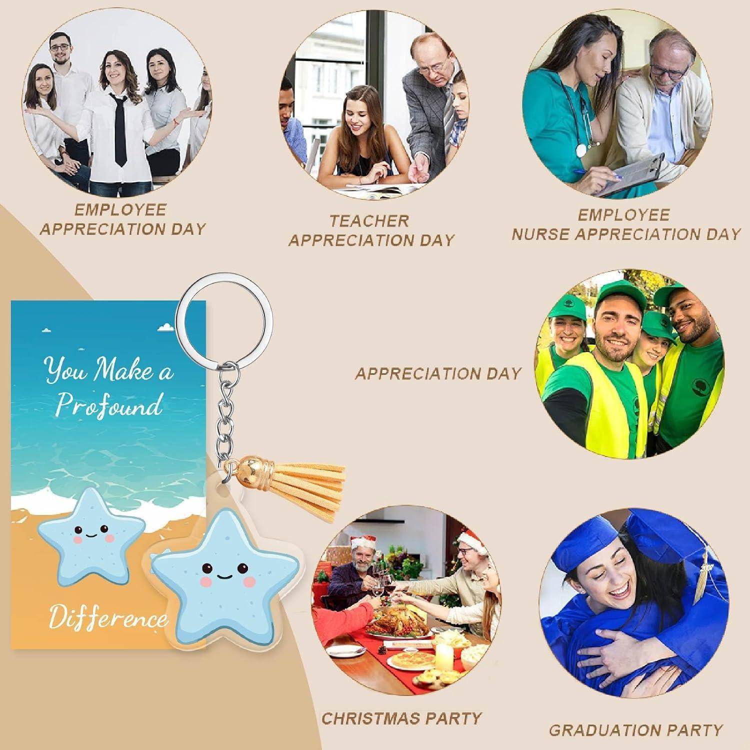 Collage von Würdigungstag- und Veranstaltungsideen: Mitarbeiterwertschätzung, Lehrerwertschätzung und Krankenschwesterwertschätzung, Weihnachtsfeier, Abschlussfeier und ein Schlüsselanhänger mit der Aufschrift „Du machst einen tiefgreifenden Unterschied".