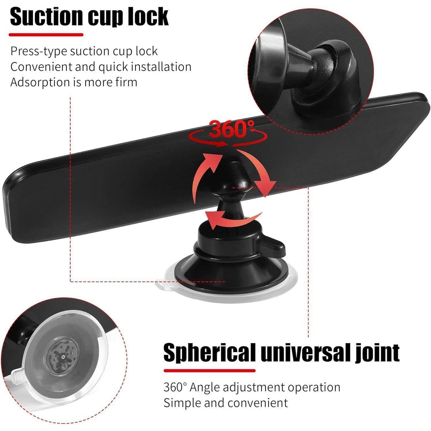 Diagramm eines Saugnapfschlosses mit 360°-Kugelgelenk, das eine schwarze Halterung mit Kipp- und Drehfunktion für einfache Installation und Einstellung zeigt.