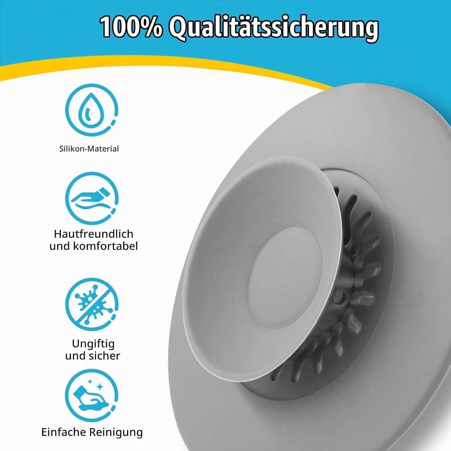 Deutsches Produktgrafik mit einem grauen Silikon-Spülbechenabdeckung mit '100% Qualitätssicherung' und vier Merkmalen: Silikonmaterial, hautfreundlich, ungiftig, leichte Reinigung.