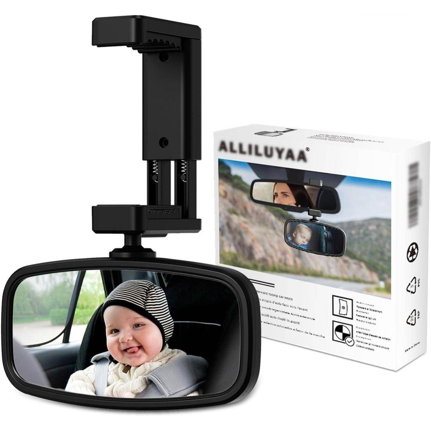Ein Autositzspiegle zur Überwachung eines Babys auf der Rückbank, gezeigt mit seiner verstellbaren Halterung und Produktbox mit der Bezeichnung „ALLILUYAA
