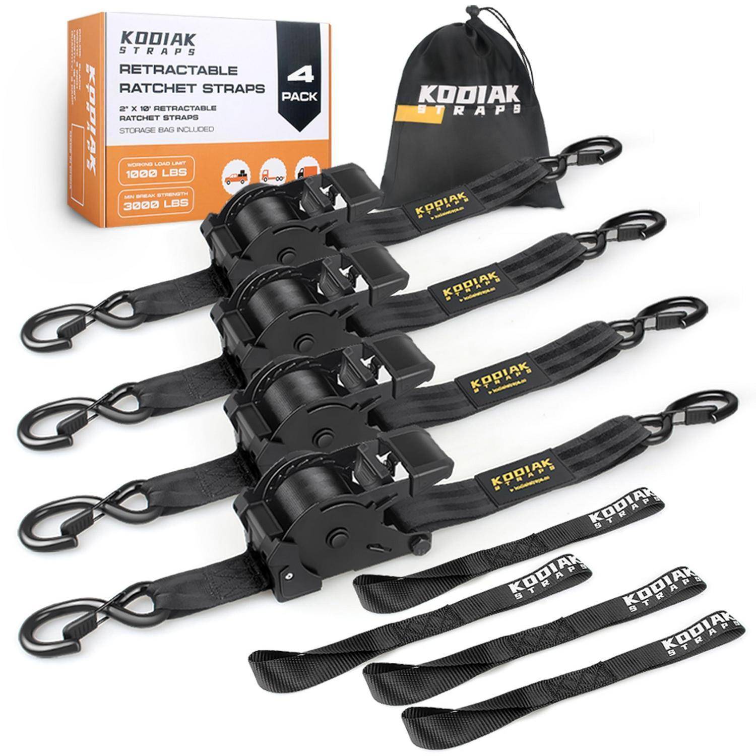Kodiak Riemen 4er-Set ausziehbare Ratschensperrgurte mit Aufbewahrungstasche und Produktkarton auf weißem Hintergrund dargestellt.