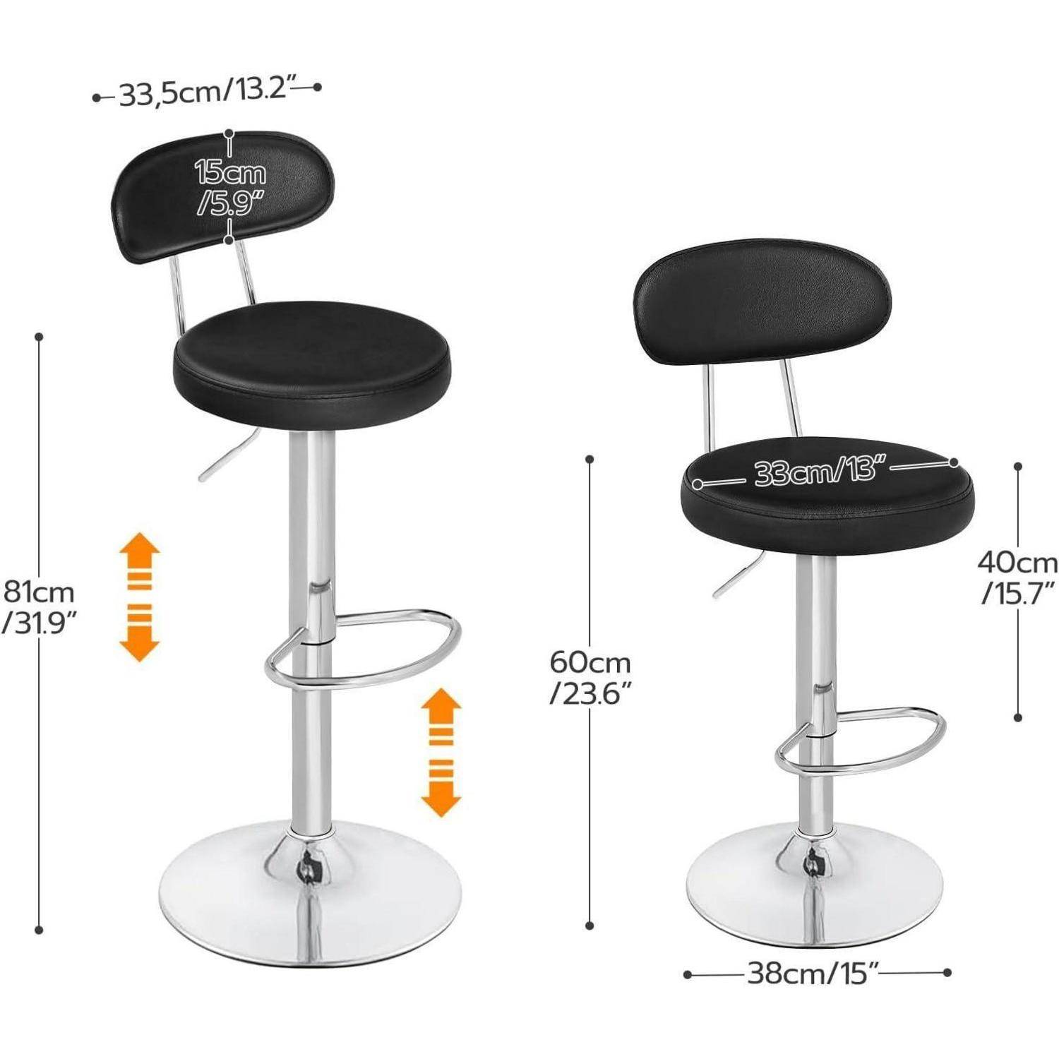 Verstellbarer Barhocker mit Abmessungen: Sitzfläche 33 cm breit, Rückenlehne 15 cm hoch, Gesamthöhe 81 cm, Sitzhöhe 60-81 cm, Basis 38 cm breit.
