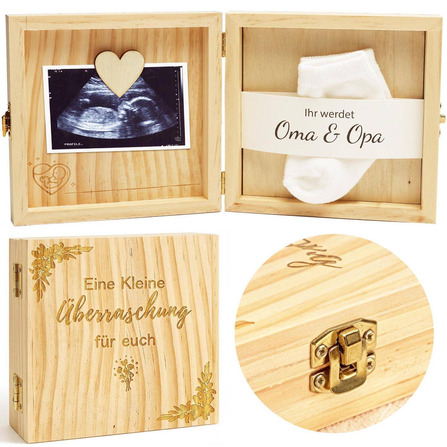 Holzgeschenkbox zur Schwangerschaftsverkündung: Ultraschallaufnahme mit Herz, gefaltete Babykleidung mit der Aufschrift „Ihr werdet Oma & Opa