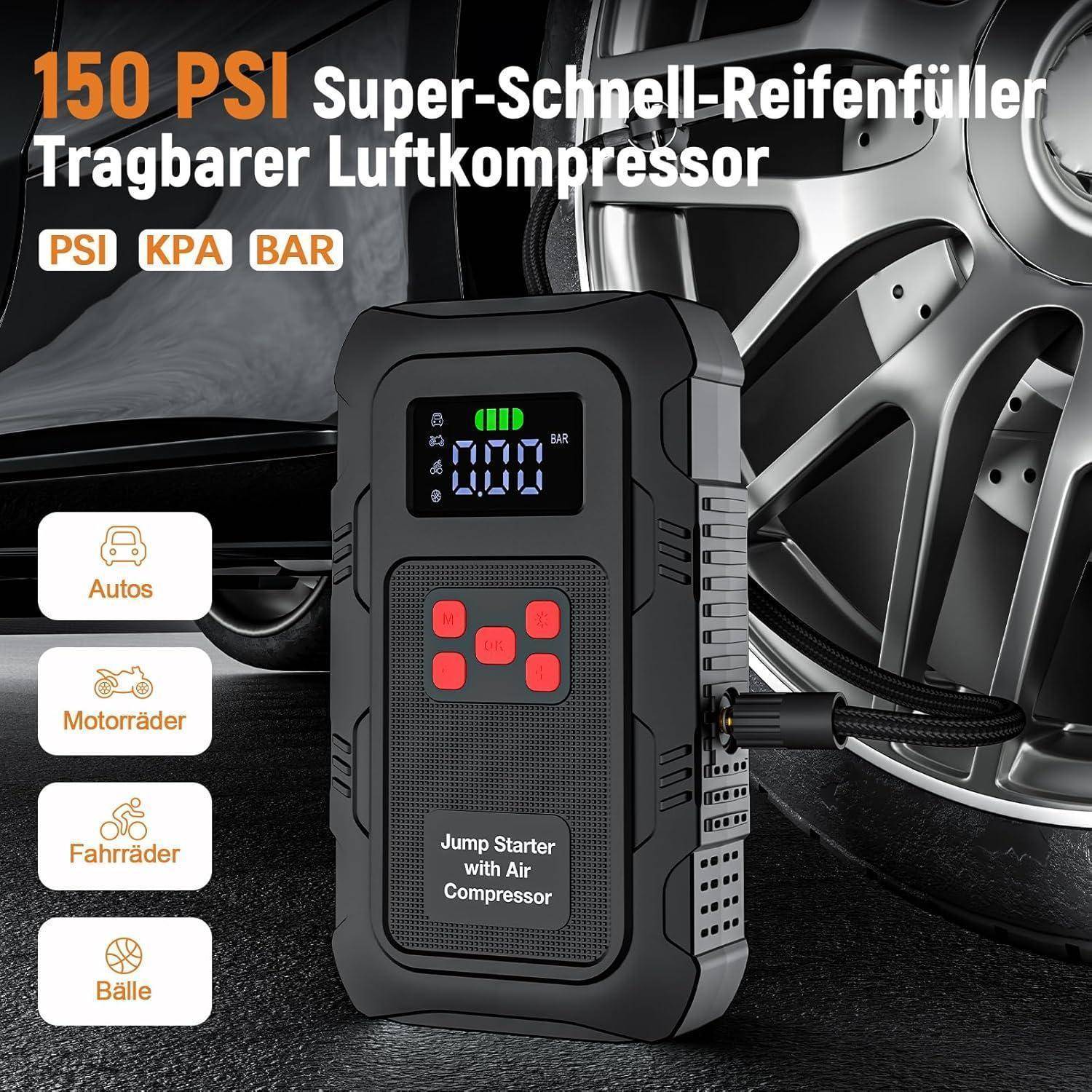 Tragbarer Luftkompressor und Starthilfegerät neben einem Autoreif, beschriftet mit „150 PSI Super-Schnell-Reifenfüller