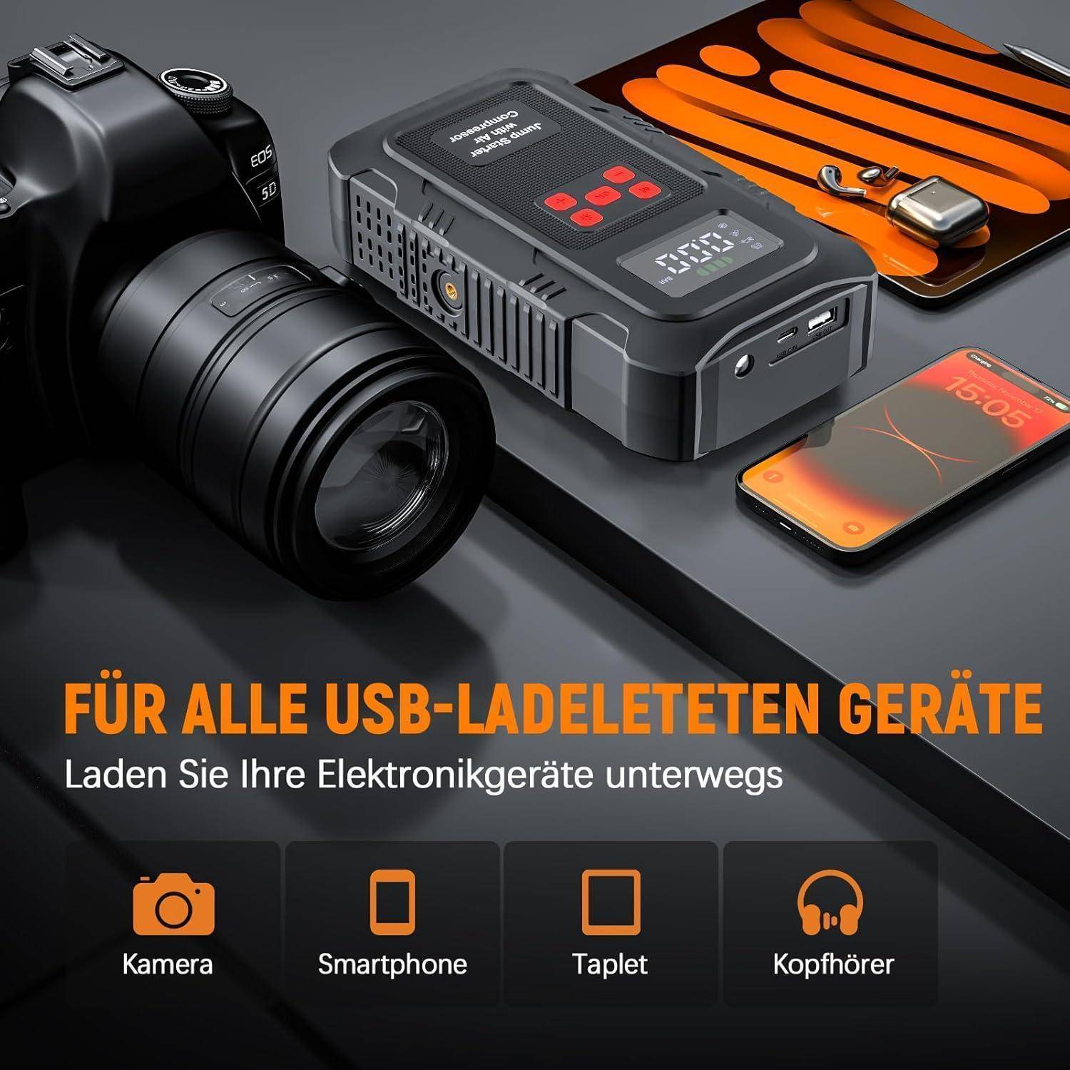 USB-Powerbank mit Kamera, Smartphone, Tablet und Kopfhörern; Deutscher Text besagt, dass sie USB-betriebene Geräte unterwegs auflädt.