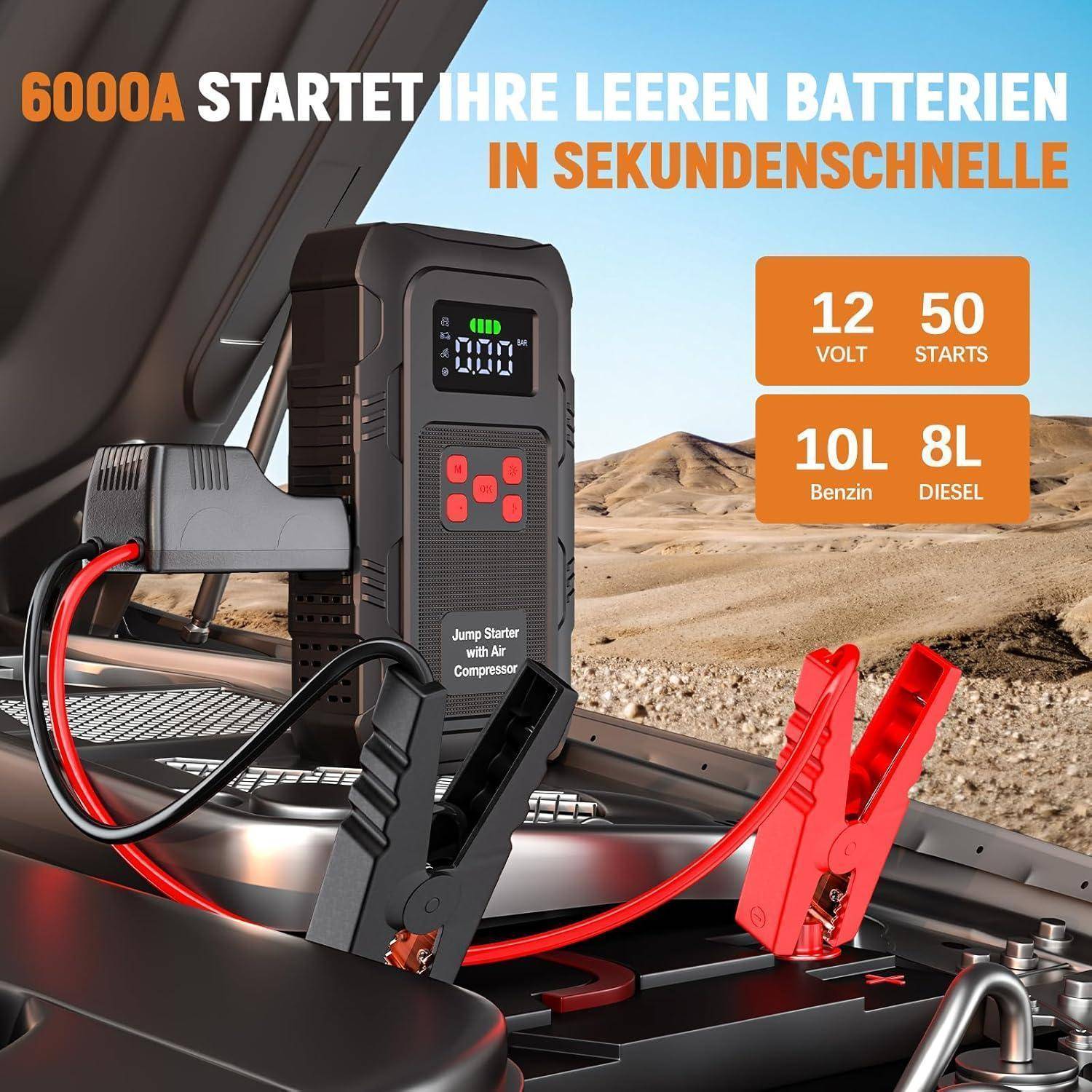 Werbebild eines tragbaren Starthilfegeräts mit Luftkompressor und Überbrückungskabeln in einem Autokofferraum; Text hebt hervor „6000A