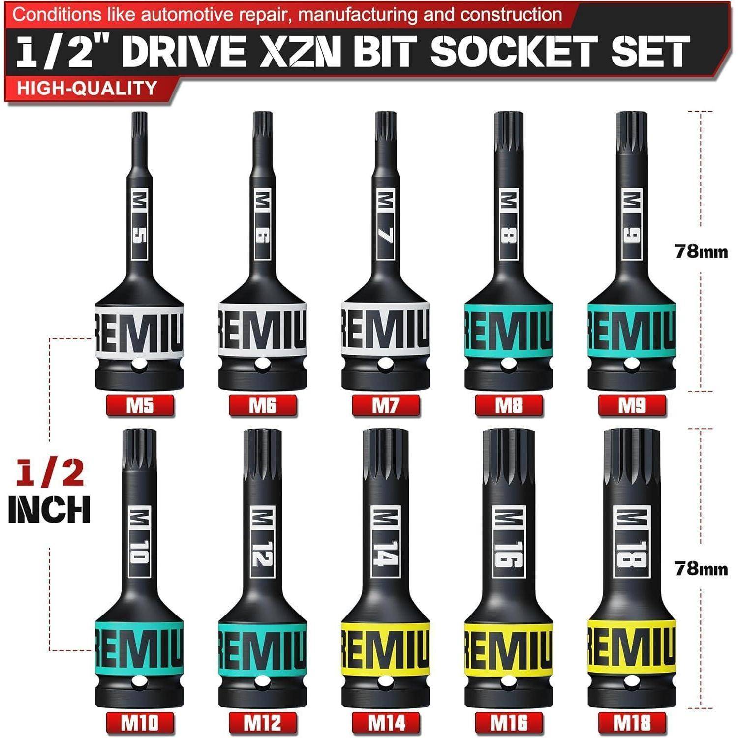1/2-Zoll-Antrieb XZN-Bitsockelsatz mit neun Sockeln, die mit M5, M6, M7, M8, M9, M10, M12, M14, M16 und M18 bezeichnet sind, jede 78 mm lang.
