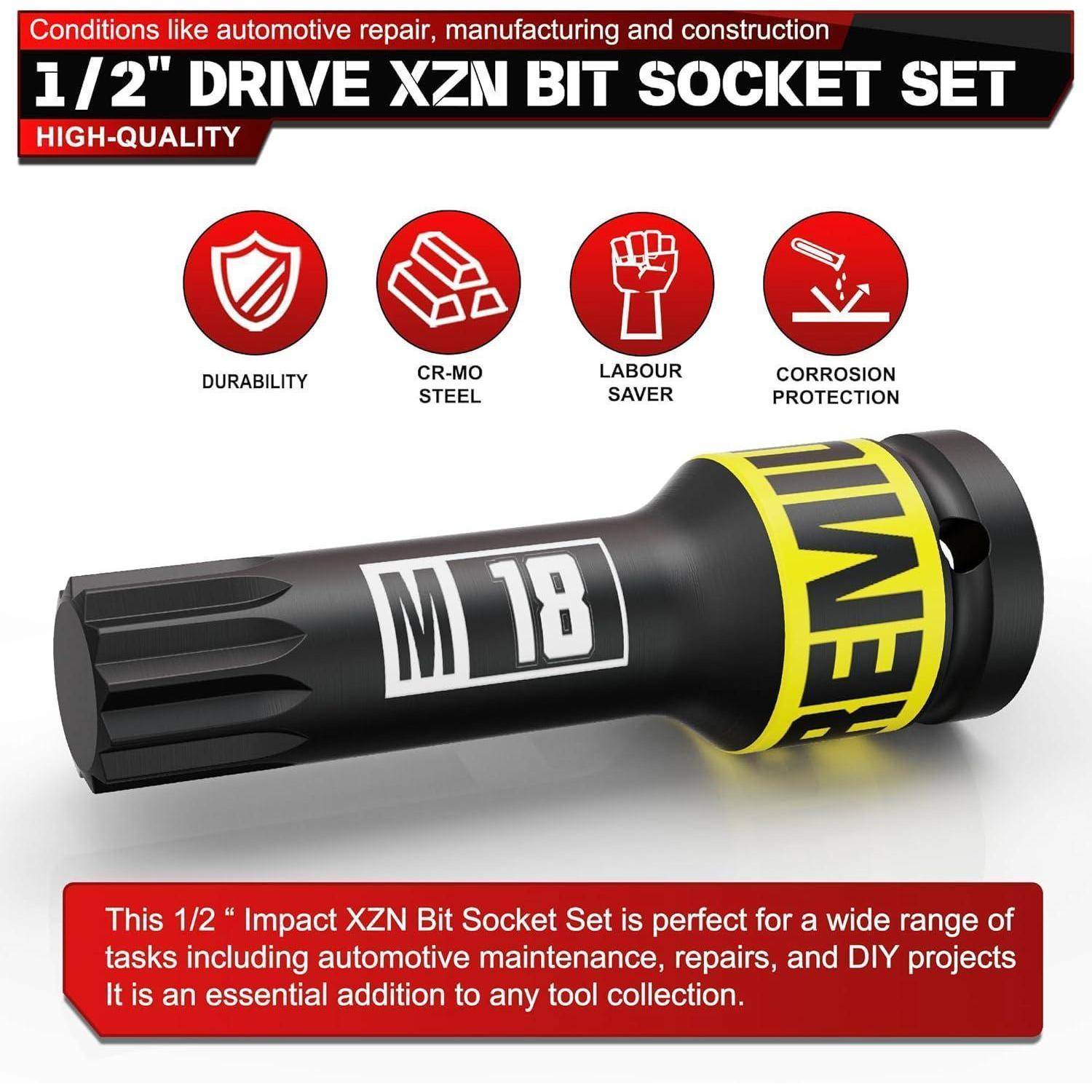 Produktanzeige für einen 1/2-Zoll-Schlag-XZN-Bit-Steckschlüsselsatz mit schwarzem M18-Steckschlüssel mit Symbolen für Haltbarkeit, CR-MO-Stahl, Arbeitseinsparung und Korrosionsschutz.
