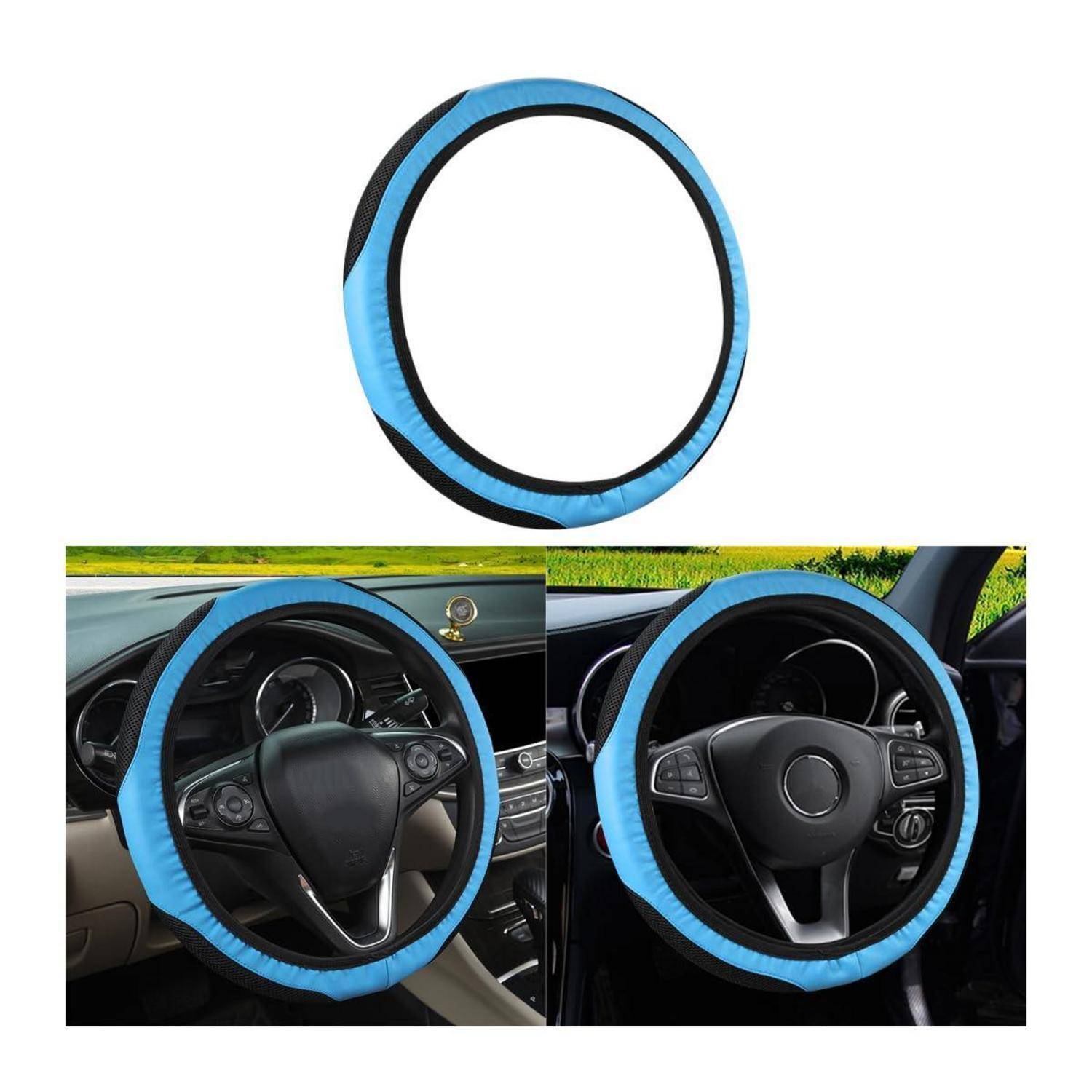 Blauer Lenkradschoner, der auf einem Lenkrad gezeigt und in zwei Autoinnenräumen montiert ist