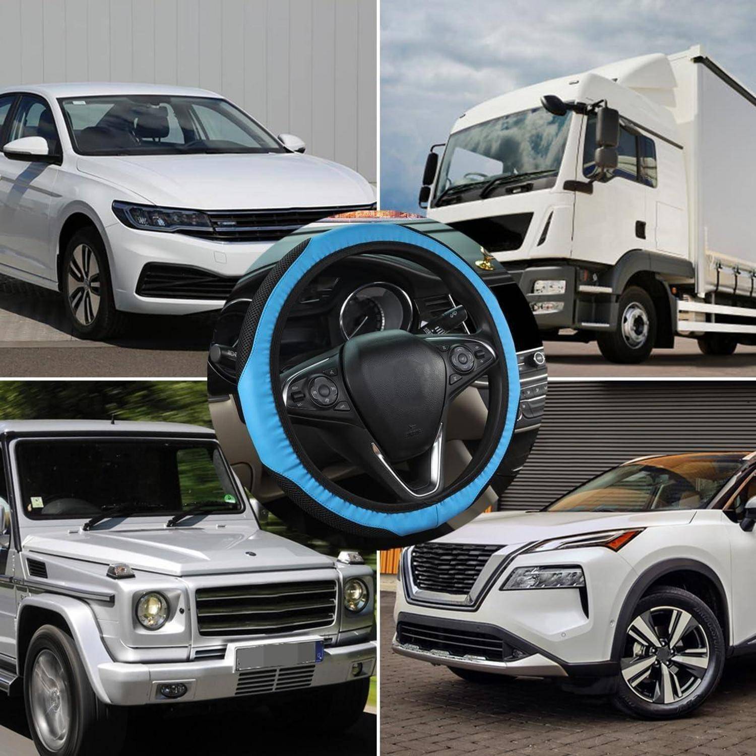 Collage aus vier Fahrzeugen – eine weiße Limousine, ein weißer Lastkraftwagen, ein silberner SUV und ein weißer Luxus-SUV – zentriert auf einem Lenkrad, was auf Fahrzeugsteuerungen oder Fahren hindeutet.