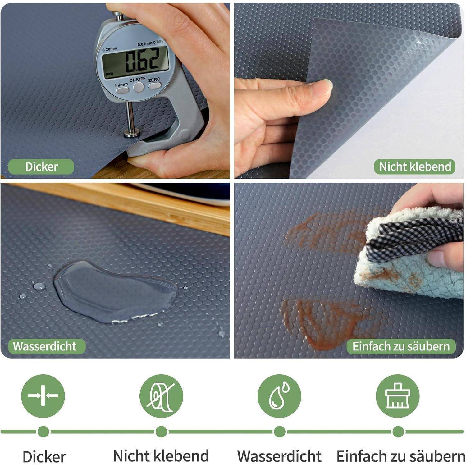 Vierteiliges Produktgrafik einer strukturierten Matte: dicker, rutschfest, wasserdicht und leicht zu reinigen, mit deutschen Beschriftungen und Symbolen.