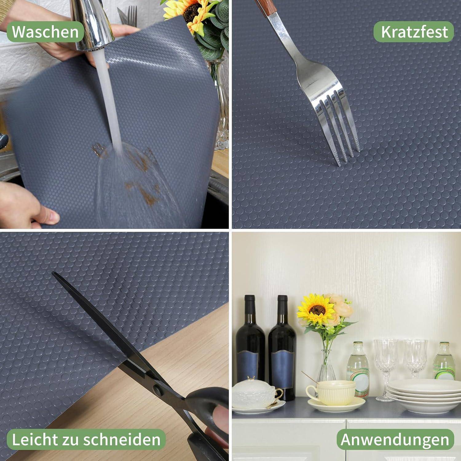 Viergeteiltes Produktbild einer strukturierten grauen Platzdecke, die waschbar, kratzfest und leicht zu schneiden ist und in Tischeinstellungen mit Tellern und Flaschen gezeigt wird.