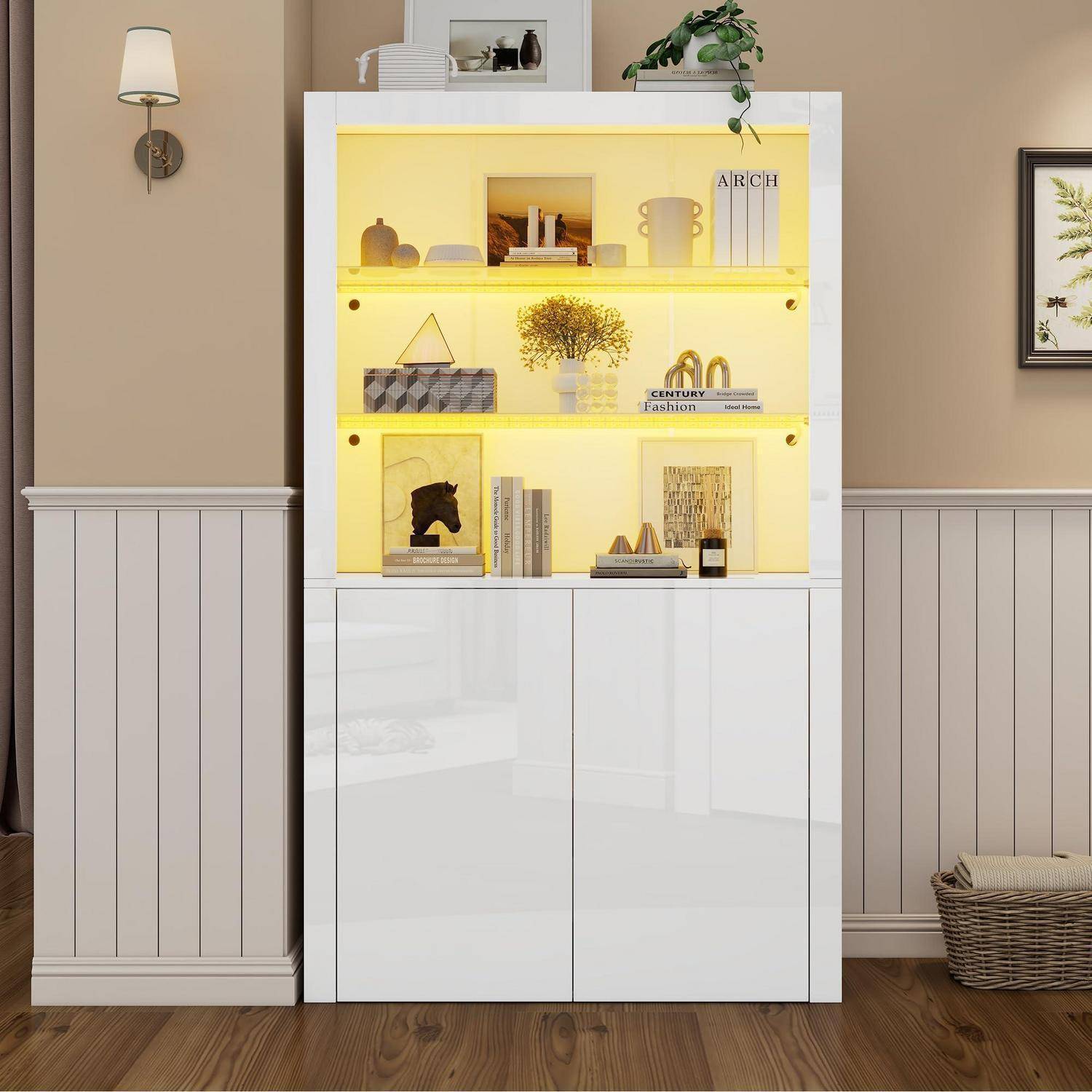 LANTRO JS Glas Vitrine mit Led Beleuchtung, Glasvitrine Stehend, Vitrine Weiß, Hochglanz Aufbewahrungsschrank, 100x35x170cm Weiß(100x35x170cm)
