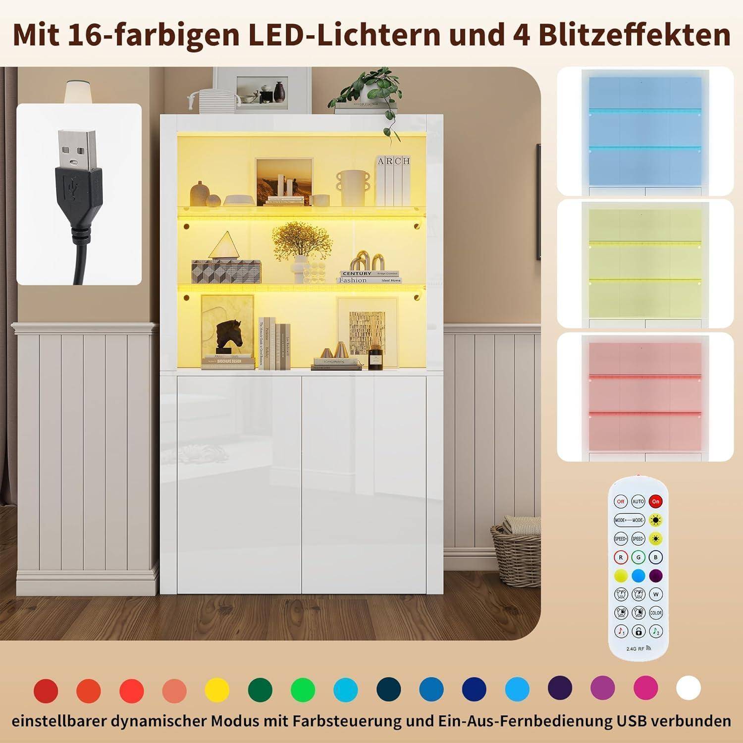 LANTRO JS Glas Vitrine mit Led Beleuchtung, Glasvitrine Stehend, Vitrine Weiß, Hochglanz Aufbewahrungsschrank, 100x35x170cm Weiß(100x35x170cm)