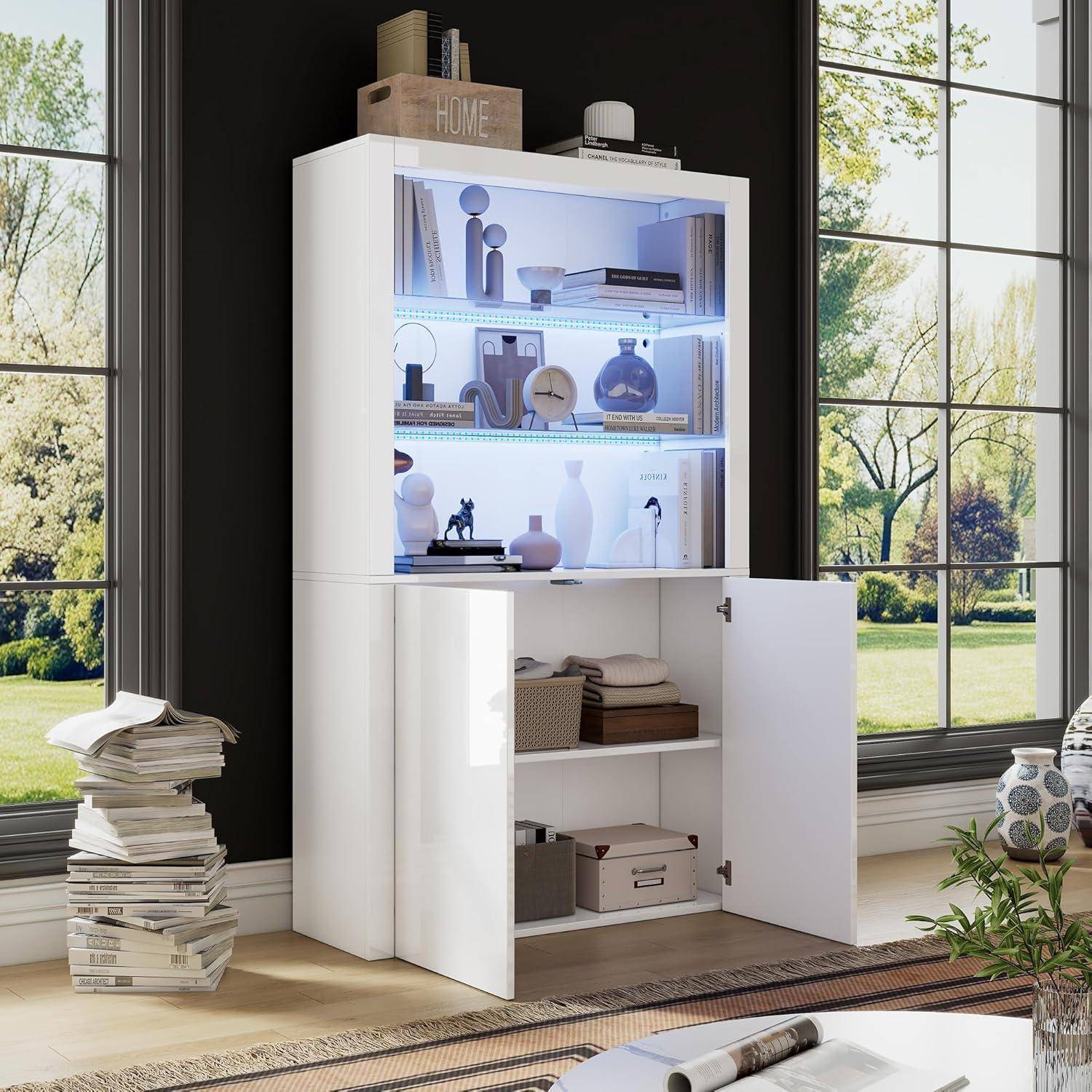 LANTRO JS Glas Vitrine mit Led Beleuchtung, Glasvitrine Stehend, Vitrine Weiß, Hochglanz Aufbewahrungsschrank, 100x35x170cm Weiß(100x35x170cm)