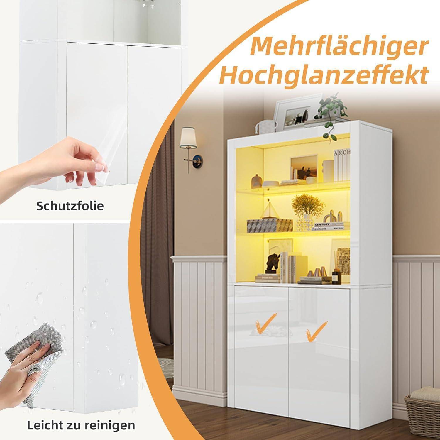 LANTRO JS Glas Vitrine mit Led Beleuchtung, Glasvitrine Stehend, Vitrine Weiß, Hochglanz Aufbewahrungsschrank, 100x35x170cm Weiß(100x35x170cm)