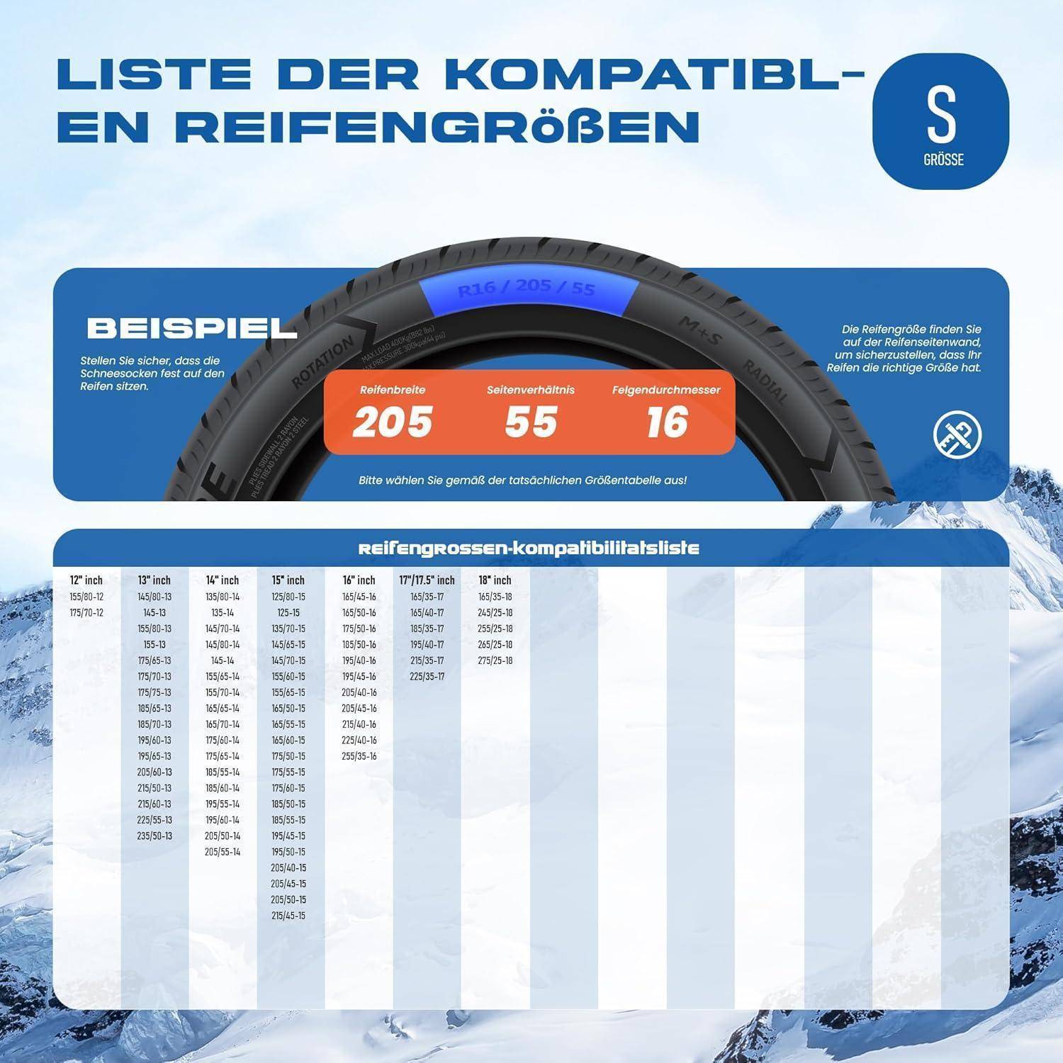 Winterreifen Schneeketten S - EN 16662-1- Hochsichere, leicht installierbare Textil Schneeketten für Autos - rutschfeste, strapazierfähige Ketten