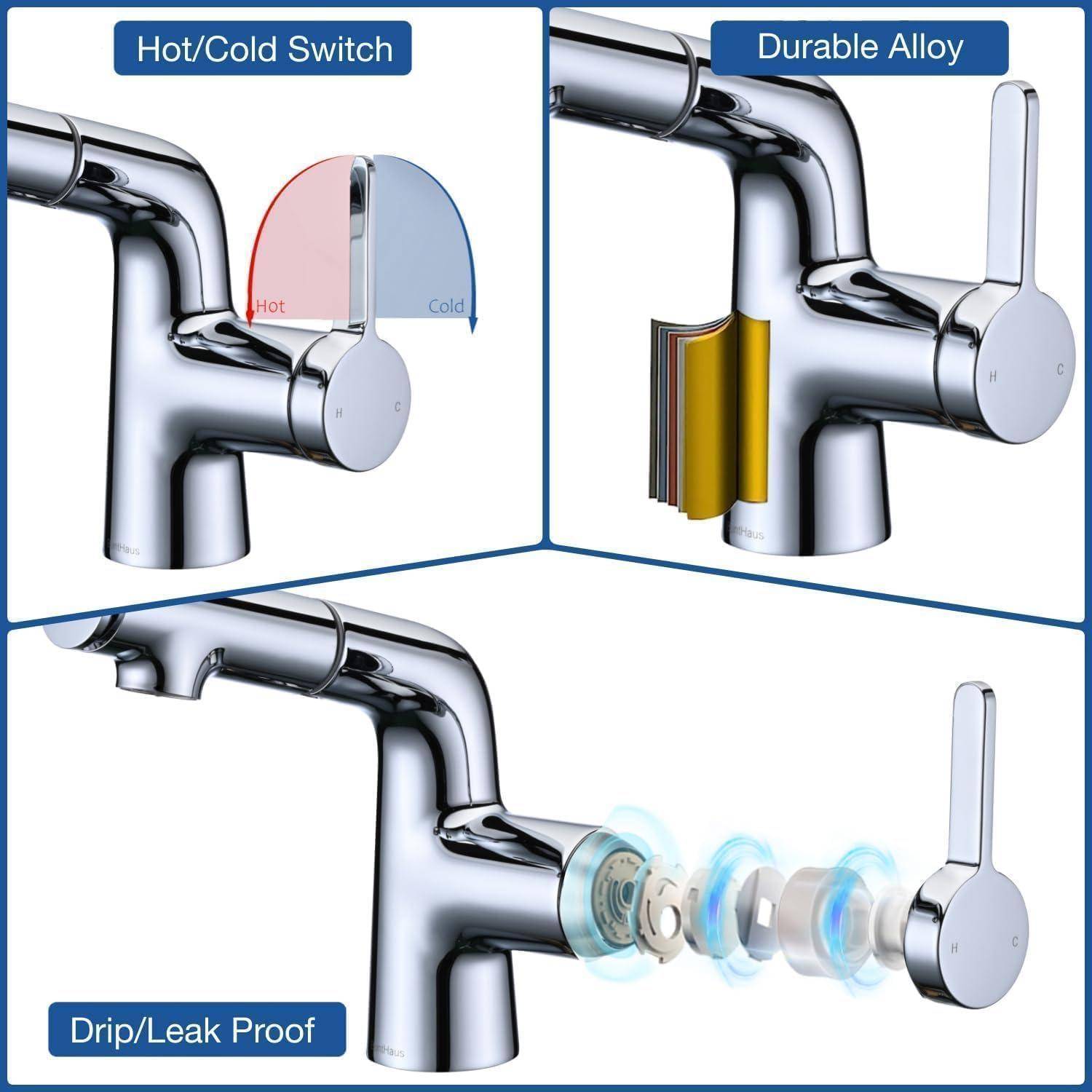 Wasserhahn Bad mit Ausziehbar Brause, Waschtischarmatur Badezimmer mit 3 Strahlarten, Badarmatur Einhebelmischer für Heißes und Kaltes Wasser, Misch