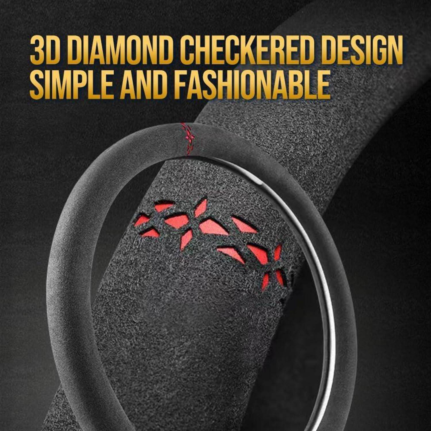 Nahaufnahme eines schwarzen strukturierten Smartwatch-Armbands mit diamantförmigem Ausschnittmuster und roter Rückseite, abgebildet mit dem Text „3D DIAMOND CHECKERED DESIGN SIMPLE AND FASHIONABLE" (3D-Diamant-Karomuster-Design einfach und modisch).