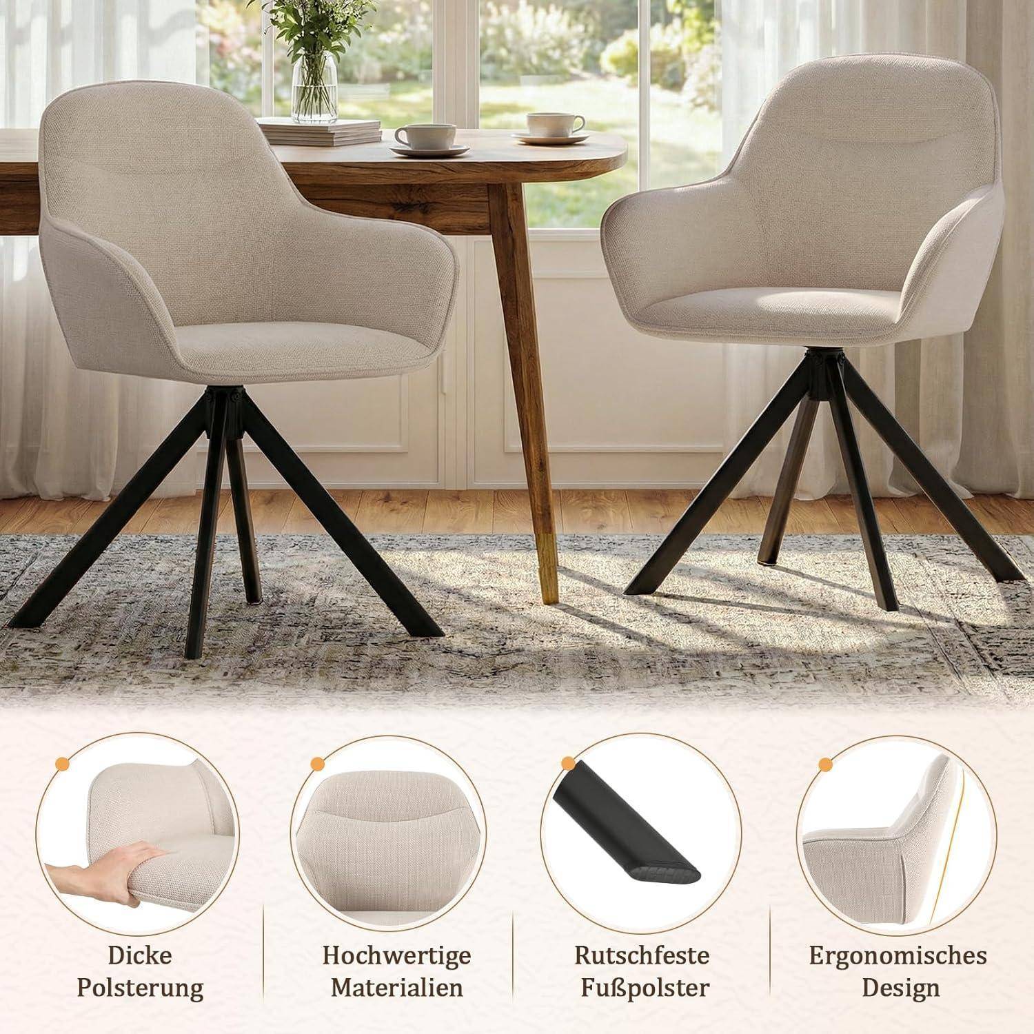 Drehbare Esszimmerstühle 6er Set mit Armlehne, 360° drehbar Beige, Polsterstuhl aus Leinen, Küchenstuhl Armlehnstühle mit Metallbeine und Rückenl